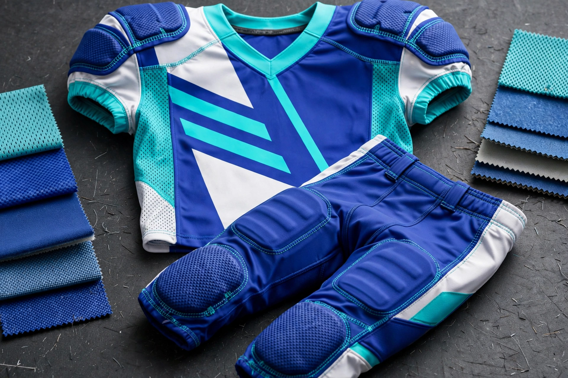 Balanced durability custom American football uniform set - royal blue white and teal Deuka Wears jersey number 00 and matching padded pants constructed from complementary fabric weights for even wear in high-stress contact zones