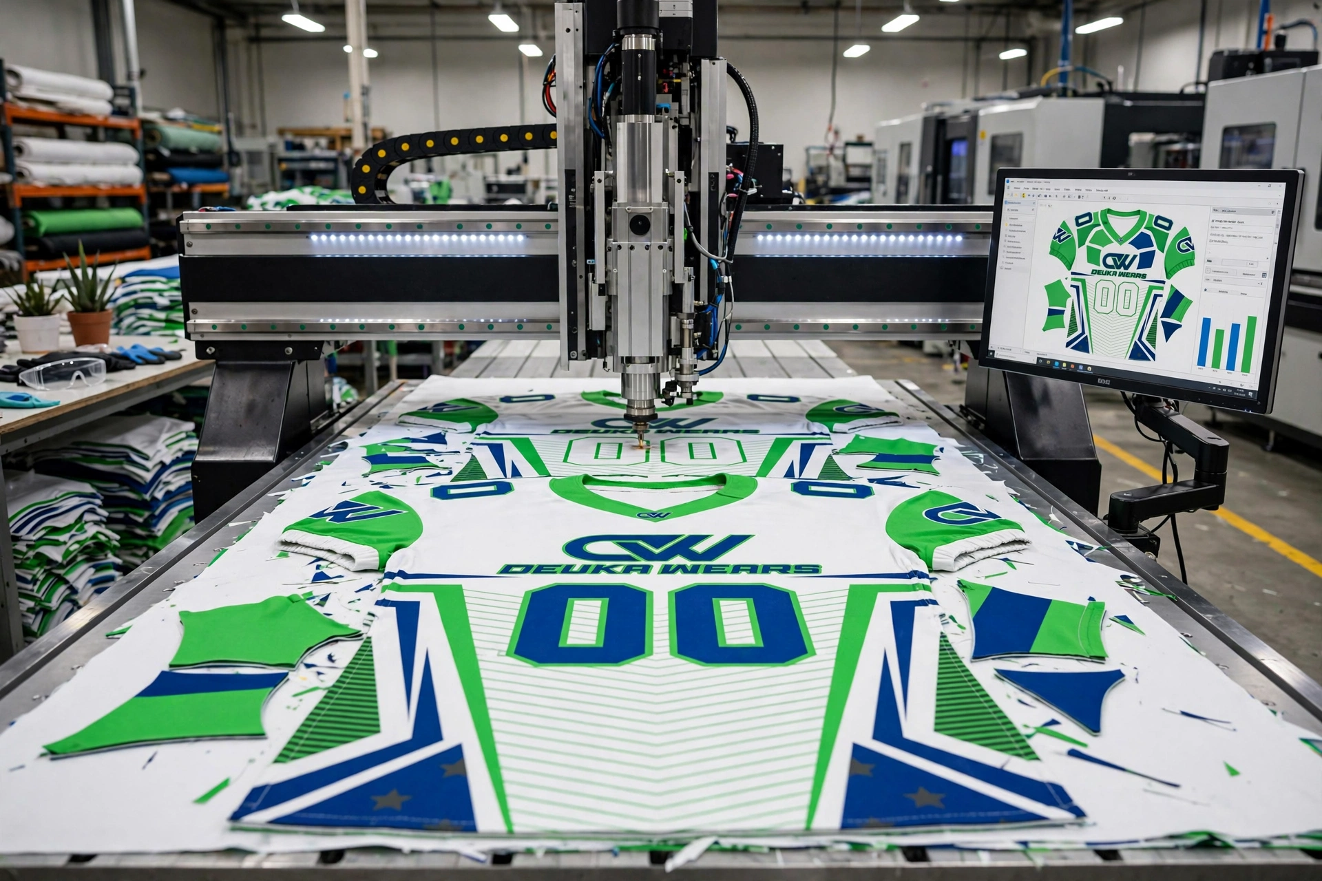 CNC cutting table optimizing computerized nesting for white green blue 00 Deuka Wears football jersey fabric layout reducing textile scrap and waste on production floor