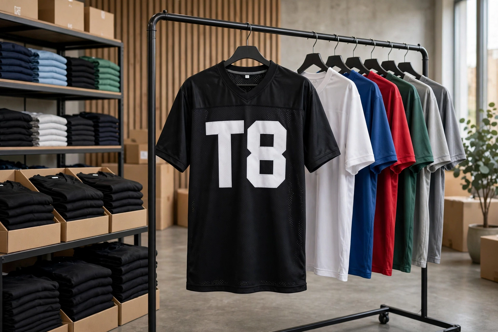 T8 jersey as versatile branding piece with solid color stock and home/away options on rack.