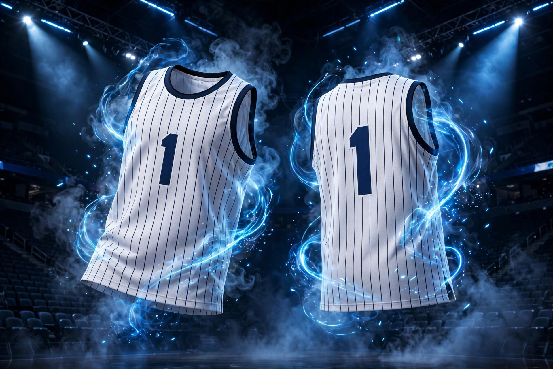 White pinstripe Orlando basketball jersey number 1 ultra eye-catchy floating front and back with electric blue energy swirls smoke and arena spotlights representing targeted replacement efficiency for damaged shorts and jerseys