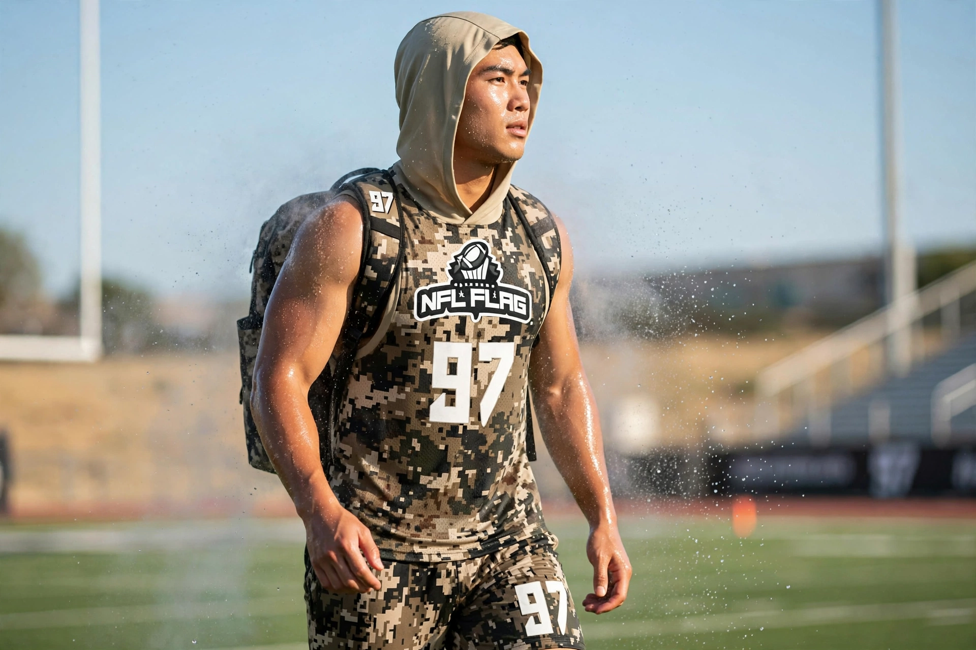 Camo NFL FLAG 97 set with dry-fit sweat-wicking under hot sun