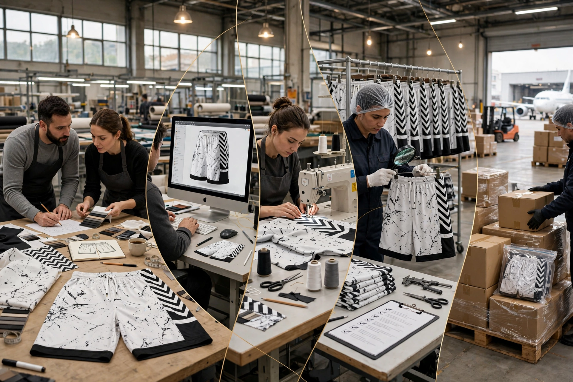 Step by step guide ordering custom uniform sets white black marble basketball shorts chevron pattern 5 steps design consultation 3D rendering approval sample prototyping mass production quality control secure global logistics