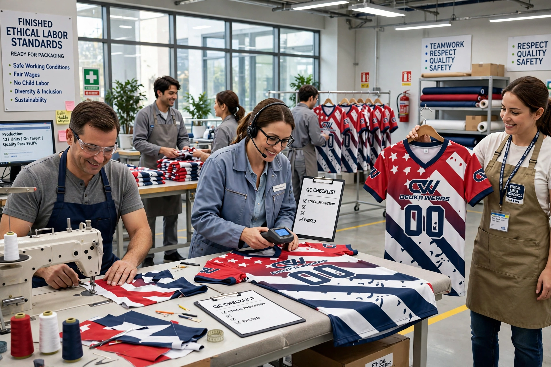 Ethical labor standards in modern apparel factory - tailors and QC team finishing red white blue USA 00 Deuka Wears jerseys in safe well-lit workspace with teamwork and respect signage