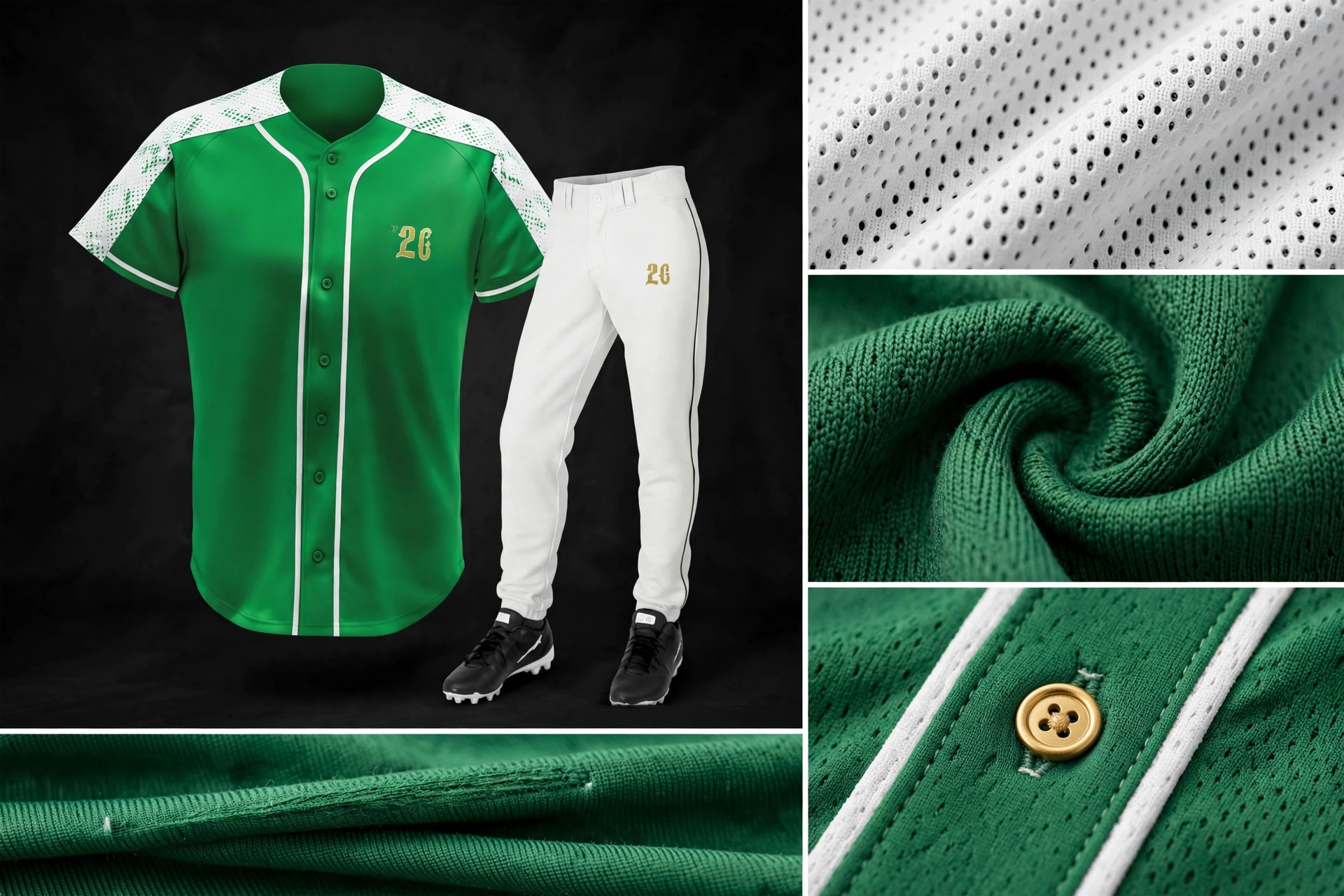 Green baseball uniform 26 fabric engineering mesh double-knit button detail
