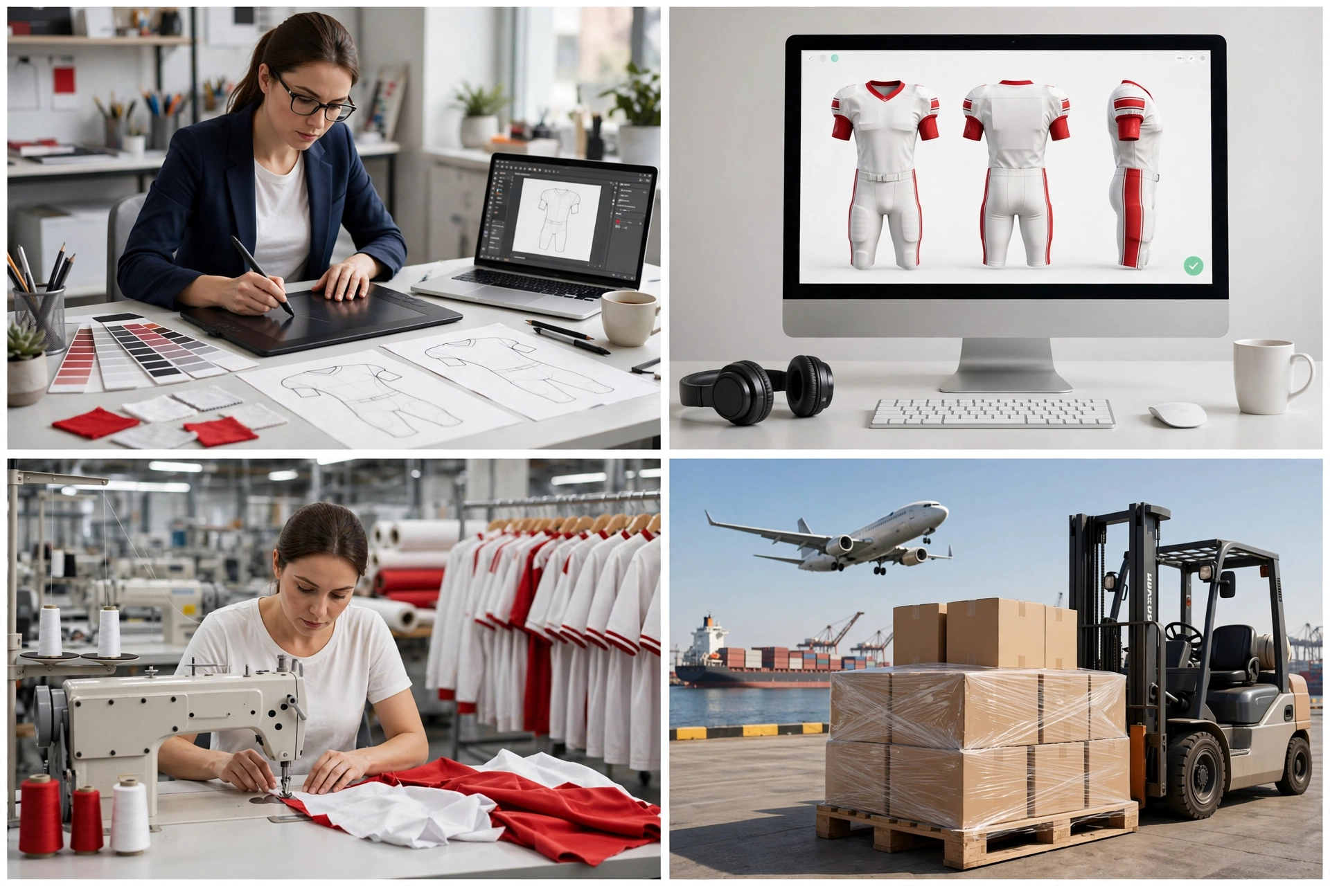 4-panel collage workflow for custom athletic wear ordering, white and red American football uniform #22, panel 1 designer submitting vector logos and Pantone colors, panel 2 computer screen showing 3D mockups front back side, panel 3 factory sample production sewing, panel 4 global shipping via air freight and ocean freight cartons on forklift, ultra-realistic, clean corporate style