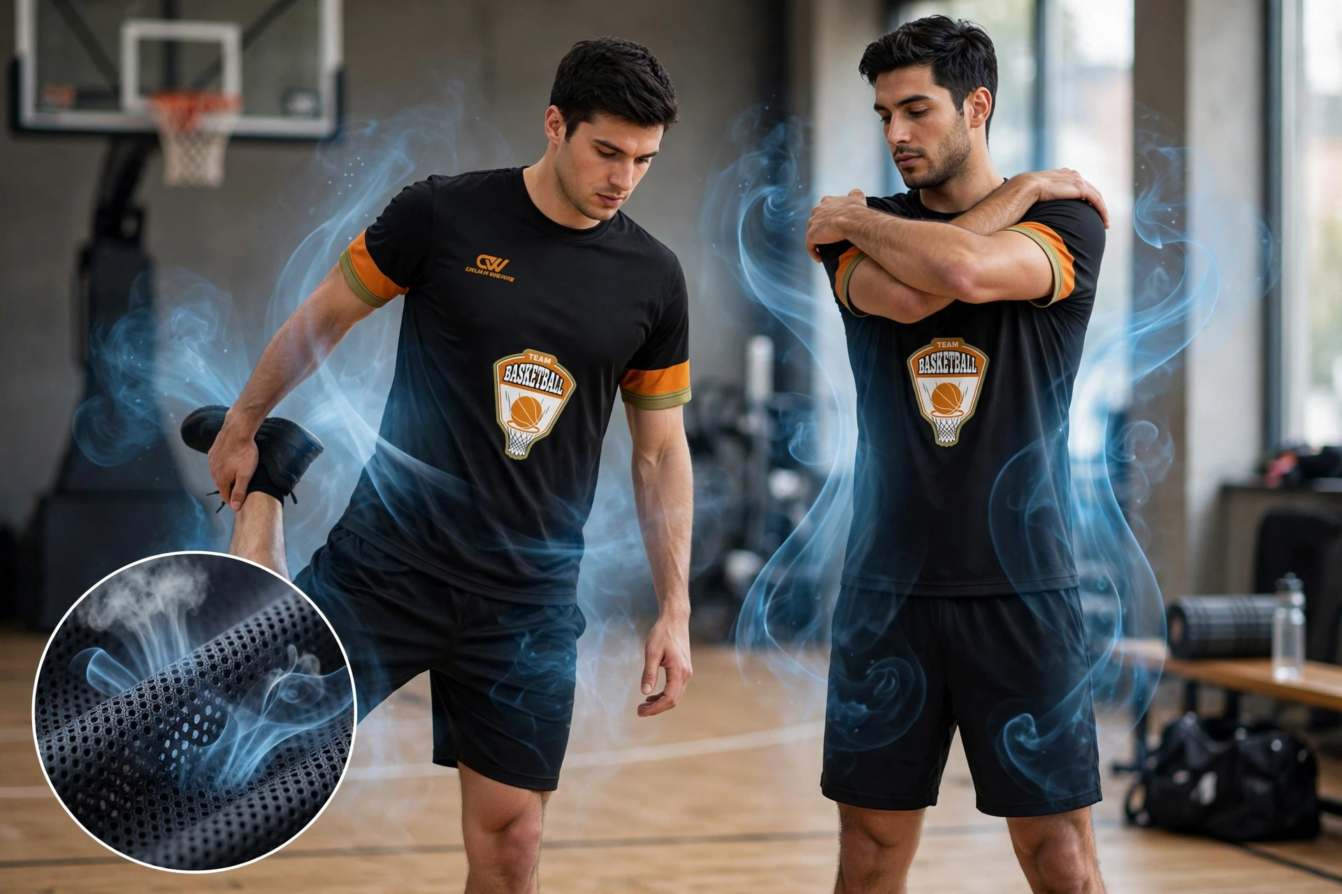 Optimal thermal regulation - two male athletes wearing black warm-up t-shirts with orange olive sleeve bands and Team Basketball hoop logo doing pre-game stretches quad stretch shoulder stretch on indoor court lightweight breathable micro-mesh fabric detail inset showing airflow and vapor cooling without overheating excessive sweating