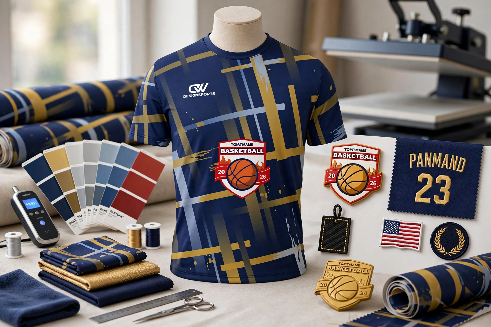 Navy gold basketball shirt Pantone matching 3D silicone patches customization