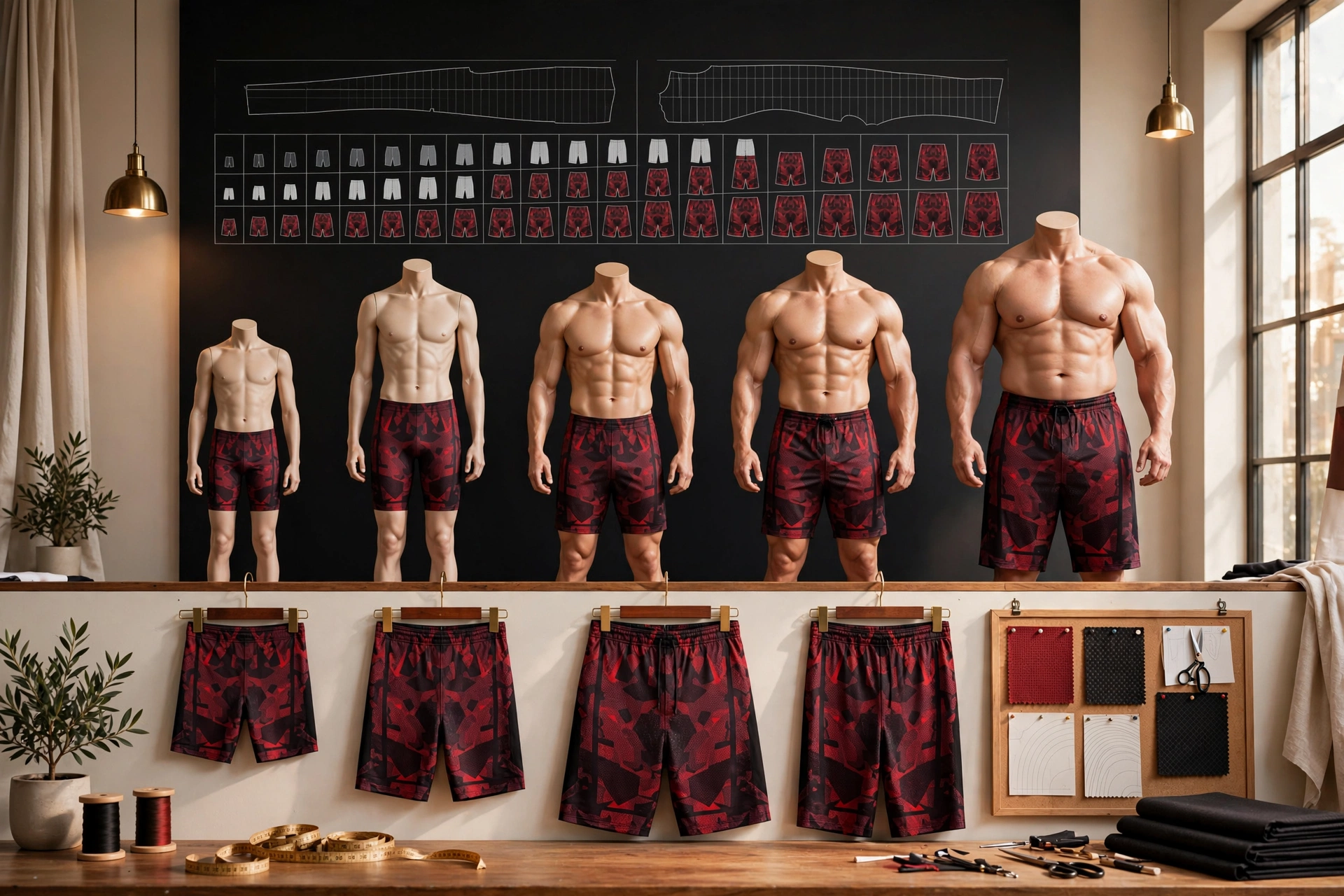 Tailoring for success sizing matrices athlete comfort red black geometric camo basketball shorts diverse athlete builds youth to adult 6XL Pro-Fit streamlined cut Standard-Fit comfort cut custom length alterations mannequins tailoring studio