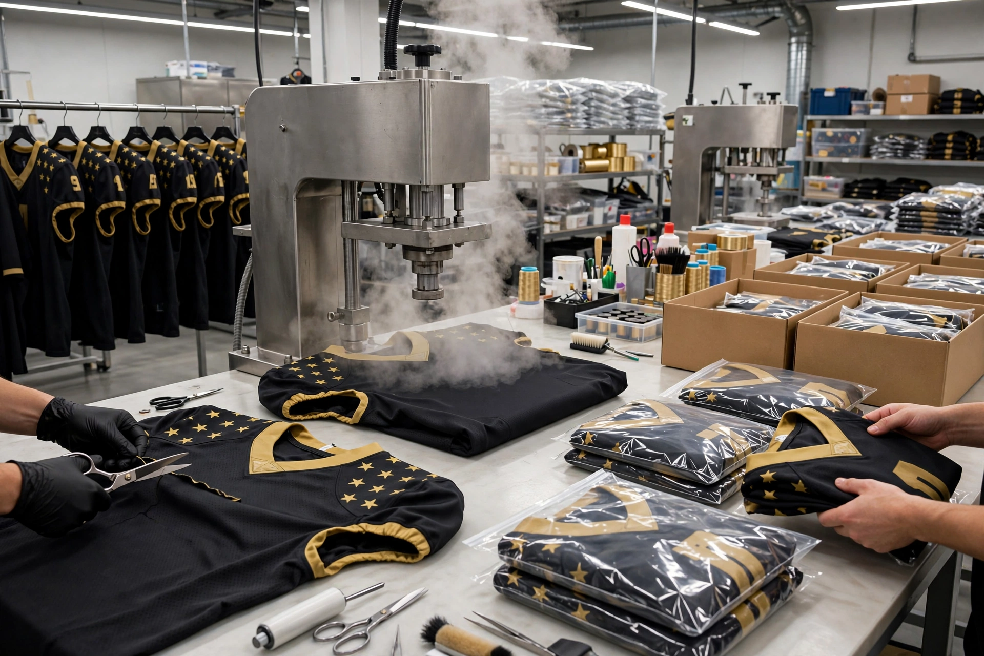 Master tailor using multi-needle industrial sewing machine for stitch integrity checks on custom black and gold American football uniform reinforcing armhole joints and crotch seams with bar-tacking