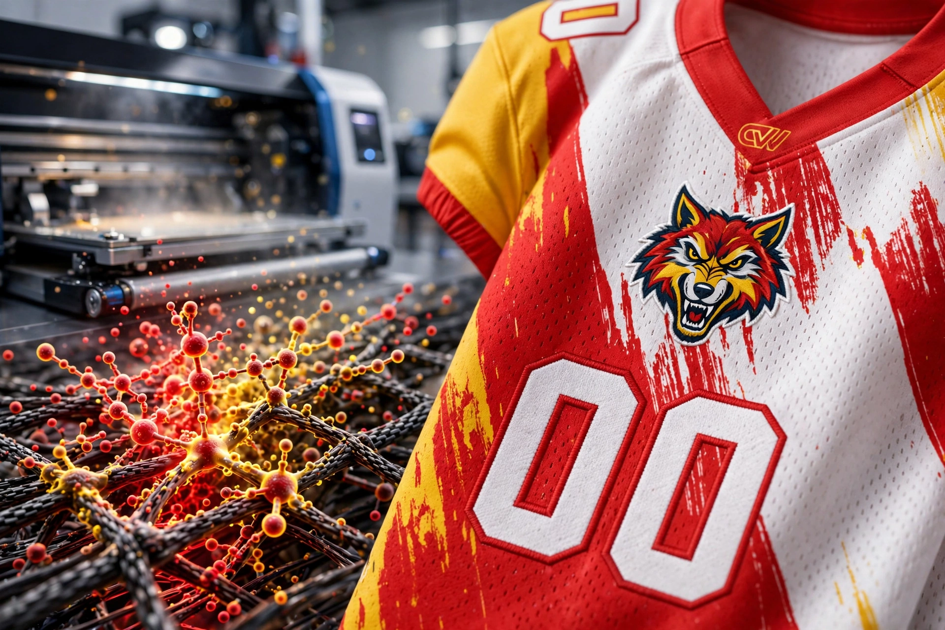 State-of-the-art full sublimation technology for custom American football uniforms showing vibrant UV-resistant inks fusing into polyester fibers at molecular level on white red yellow brush stroke jersey number 00 with breathable finish