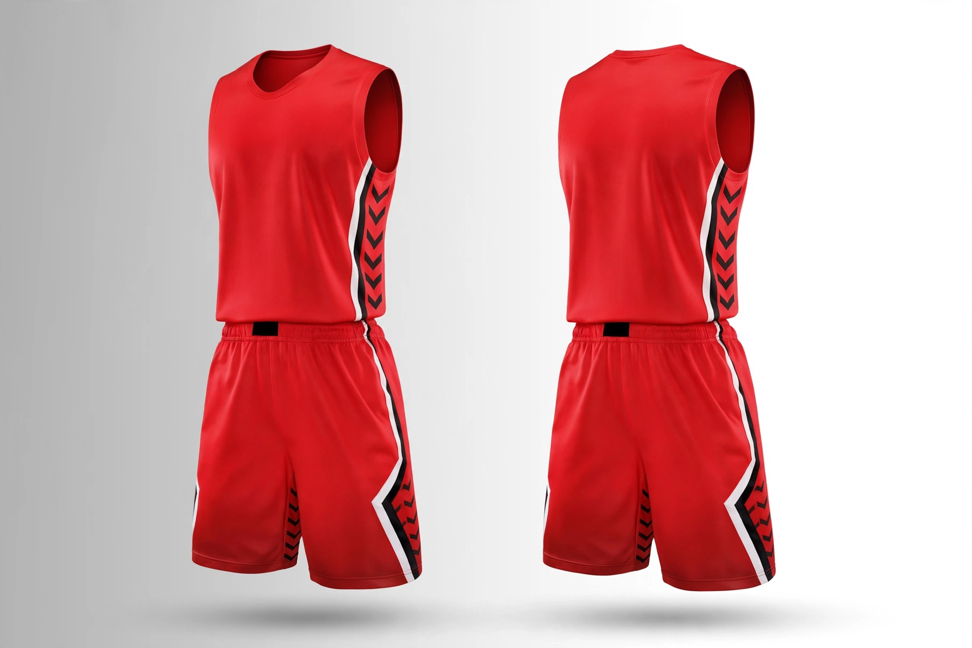 Eye-catchy red basketball uniform with white and black chevron side stripe front and back view floating with dramatic lighting representing CNC optimized computerized nesting efficiency