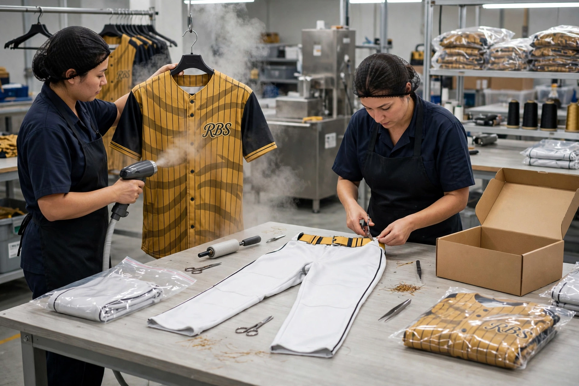 Workers performing post-production finishing on gold and black RBS baseball jersey with steam pressing and thread trimming of white baseball pants with gold belt, poly-bagging and boxing for final inspection