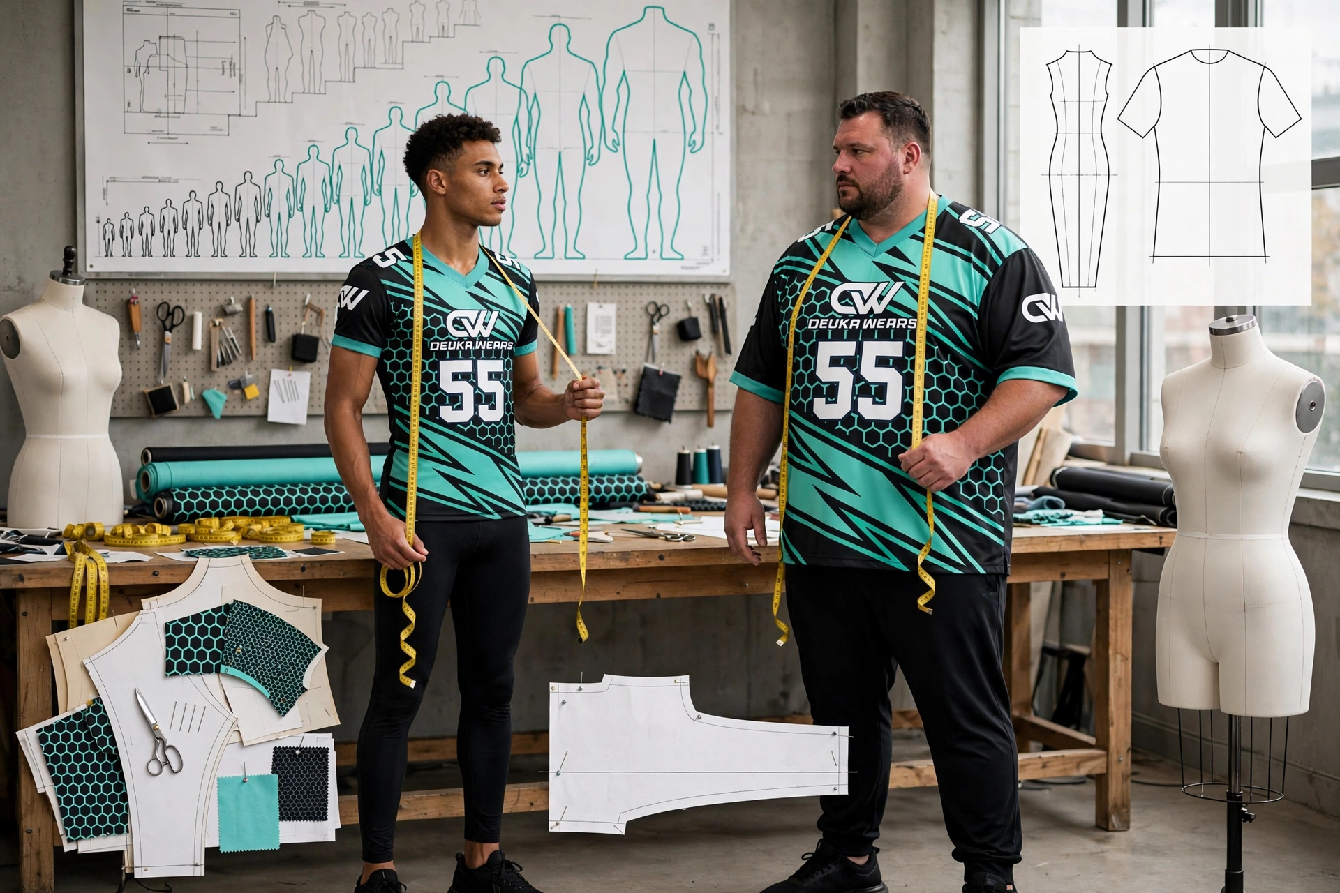 Sizing matrices for Deuka Wears football jerseys - mint teal black 55 jersey comparison showing pro-fit skill-position cut on slender athlete vs loose-fit lineman cut on heavy-set athlete with Youth to 8XL grading chart