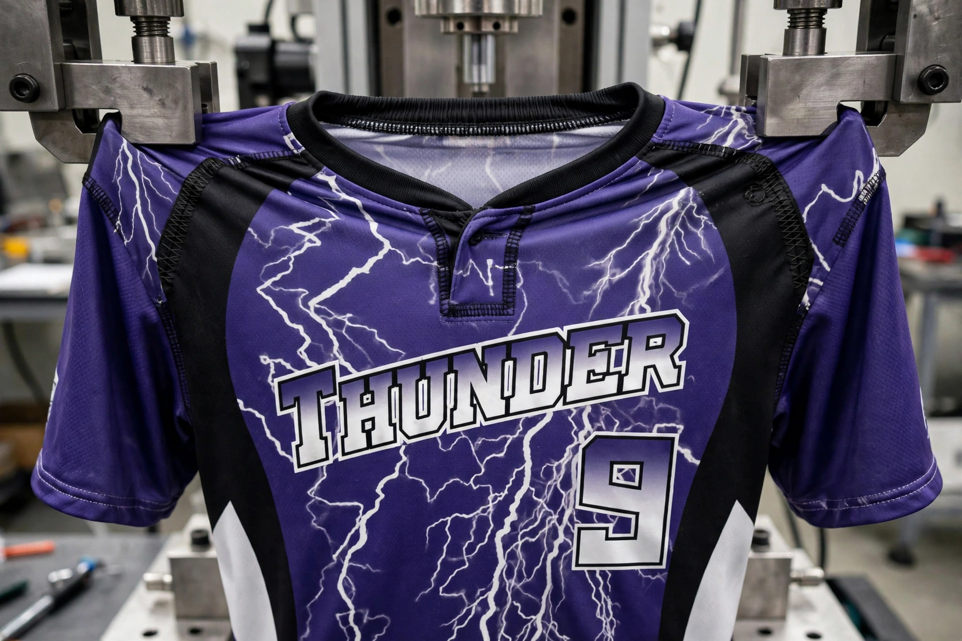 THUNDER 9 purple lightning jersey in stress testing rig showing reinforced seams.