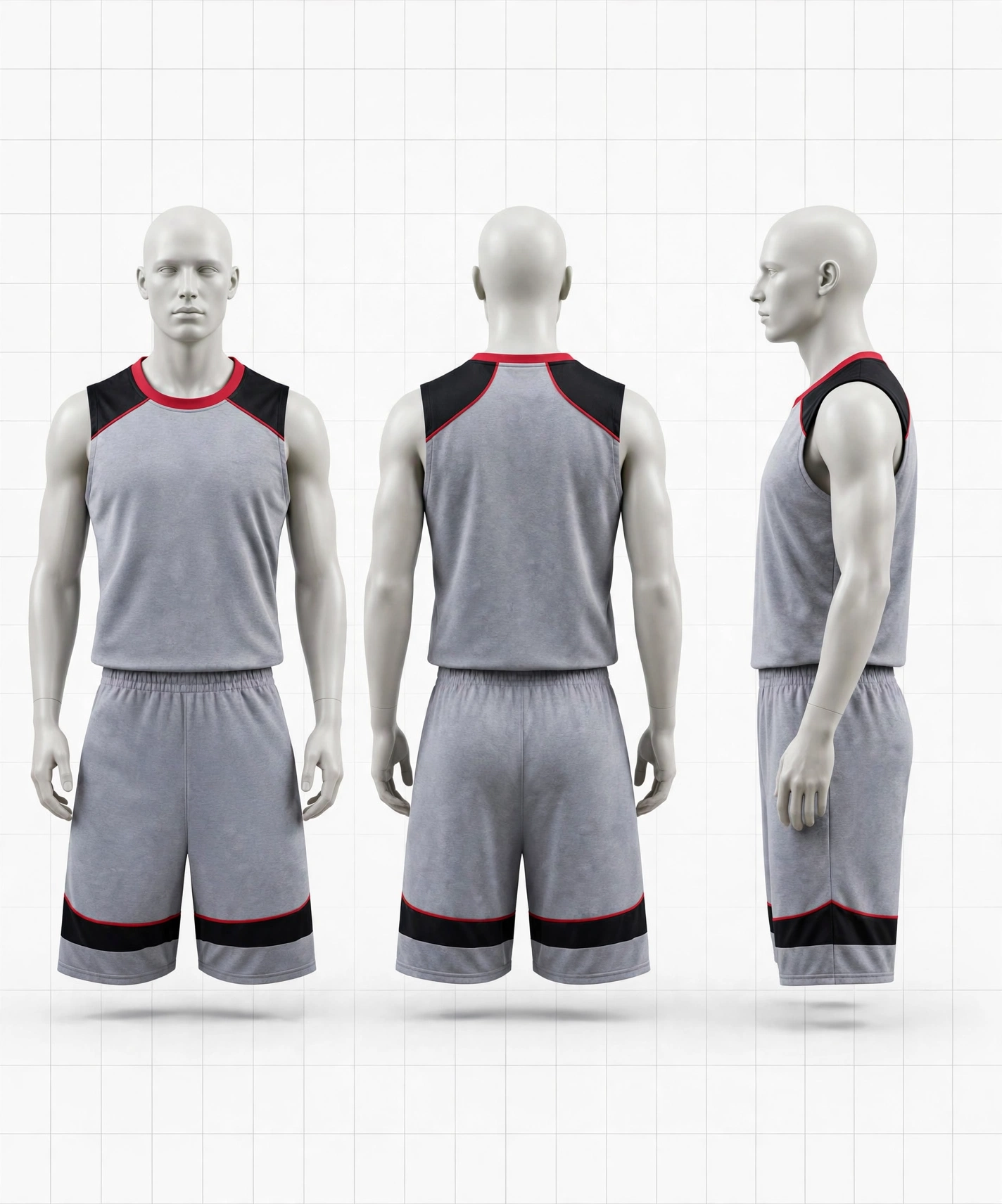 Digital mockup approval 1144x1375 grey black red basketball uniform 3D front back side views holographic