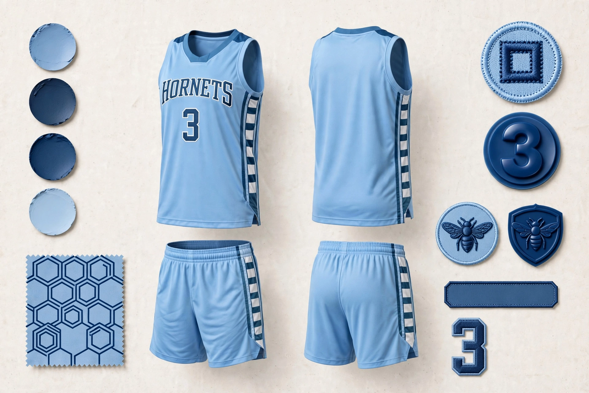 Customization options translating brand identity to fabric light blue HORNETS 3 basketball jersey and shorts front and back with Pantone color matching swatches tackle-twill embroidery 3D silicone heat transfers personalized player name number patches sponsor logos