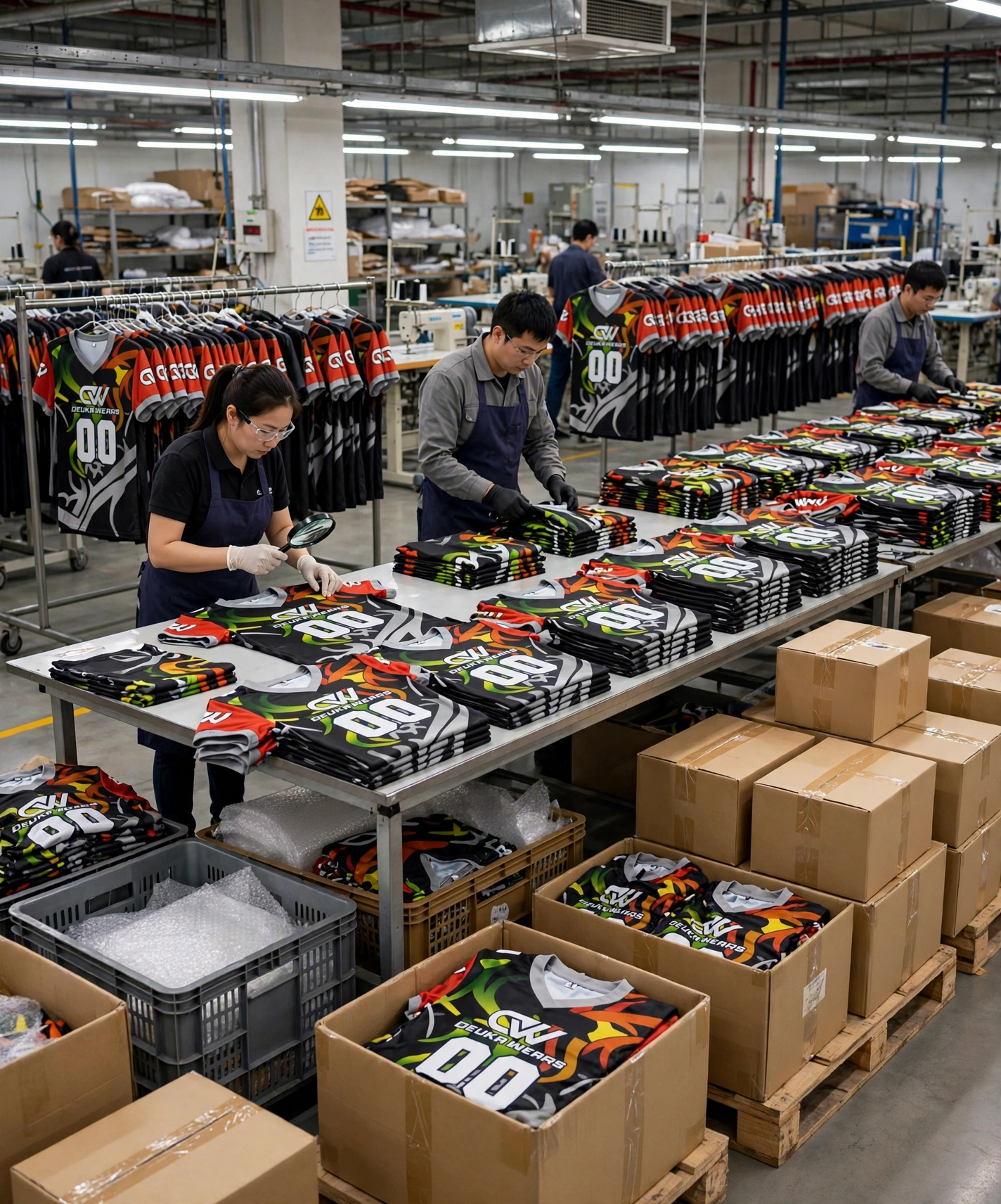 Mass production and delivery of custom football jerseys - factory quality control inspection of bulk 00 Deuka Wears jerseys with global shipping boxes
