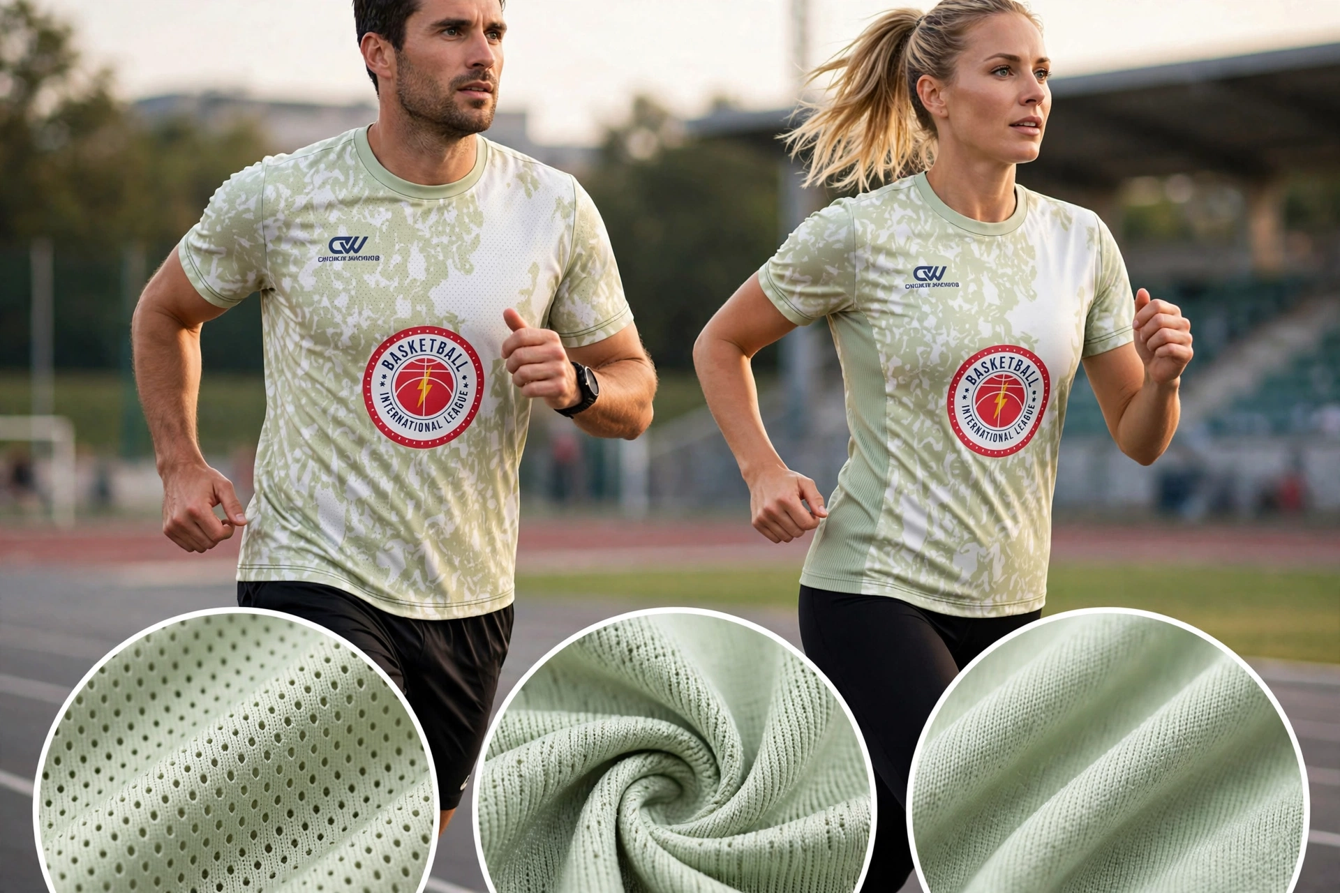 Advanced technical fabrics built for comfort and mobility - male and female athletes running on track at golden hour wearing light sage green white marble pattern warm-up t-shirts with Basketball International League red circle lightning logo showcasing Pin-Dot Interlock Micro-Mesh main body panels airflow ventilation 4-Way Stretch Spandex side panels collar ribbing multi-directional stretch Anti-Microbial Dry-Fit Knit fabric detail insets