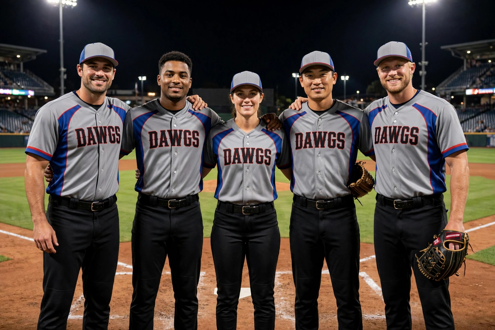 Five baseball players wearing gray DAWGS jerseys with blue side panels red trim and black pants standing unified on diamond at night, DAWGS text preserved clearly on chest