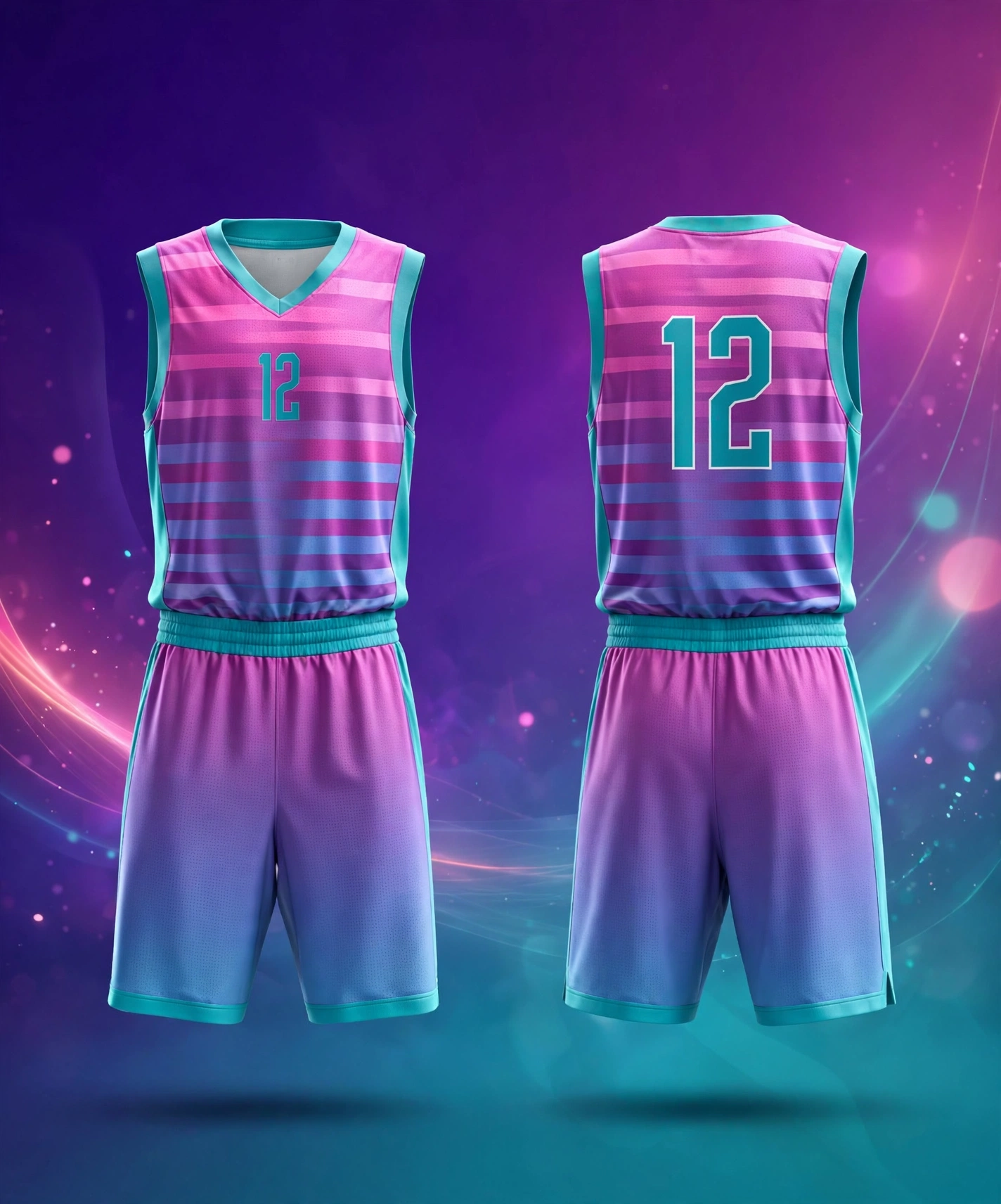 Purple and pink gradient striped basketball uniform number 12 with teal trim front back and folded view mass production quality