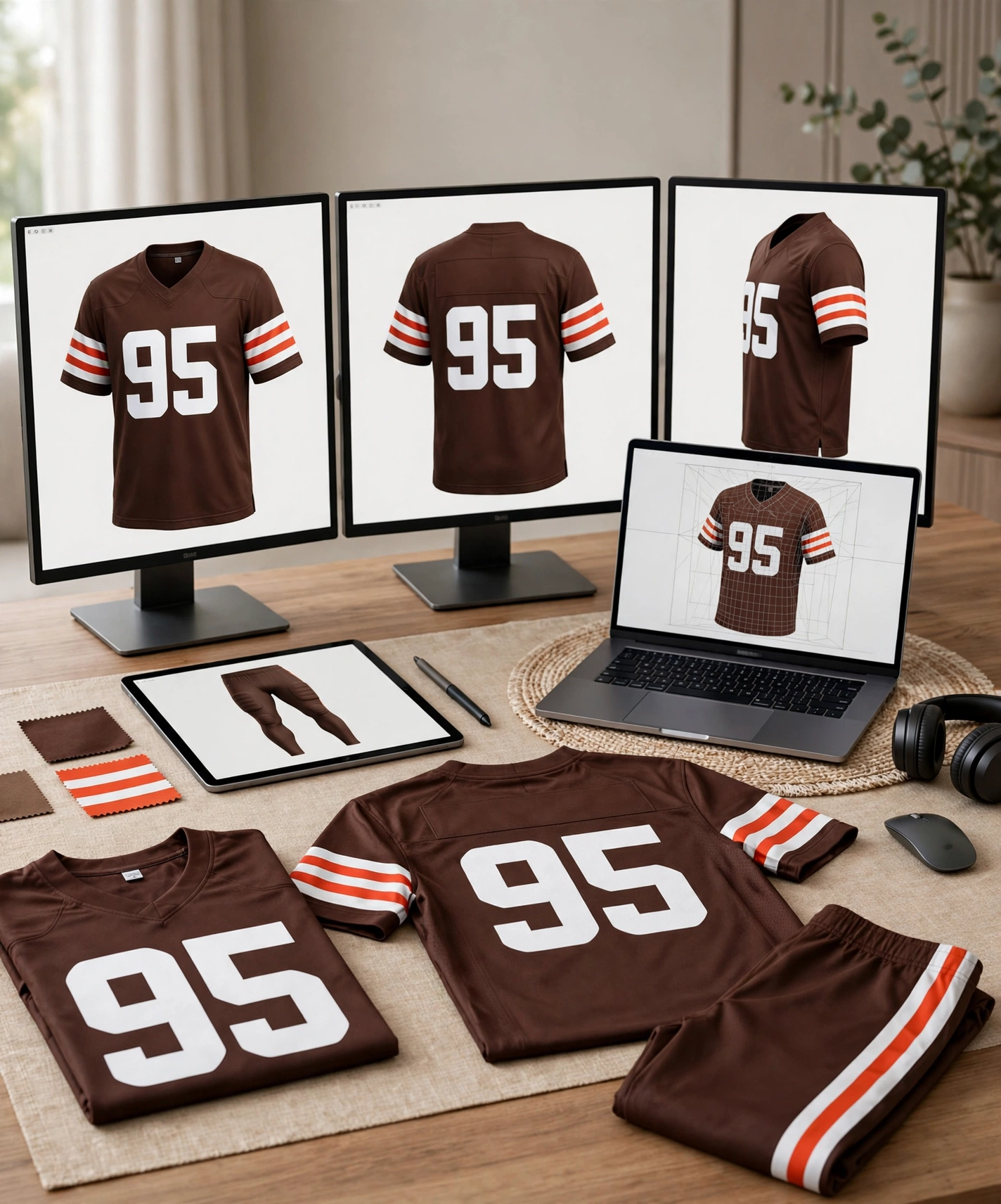 Brown 95 jersey 3D mockup showing front, back, side views on screens for approval.