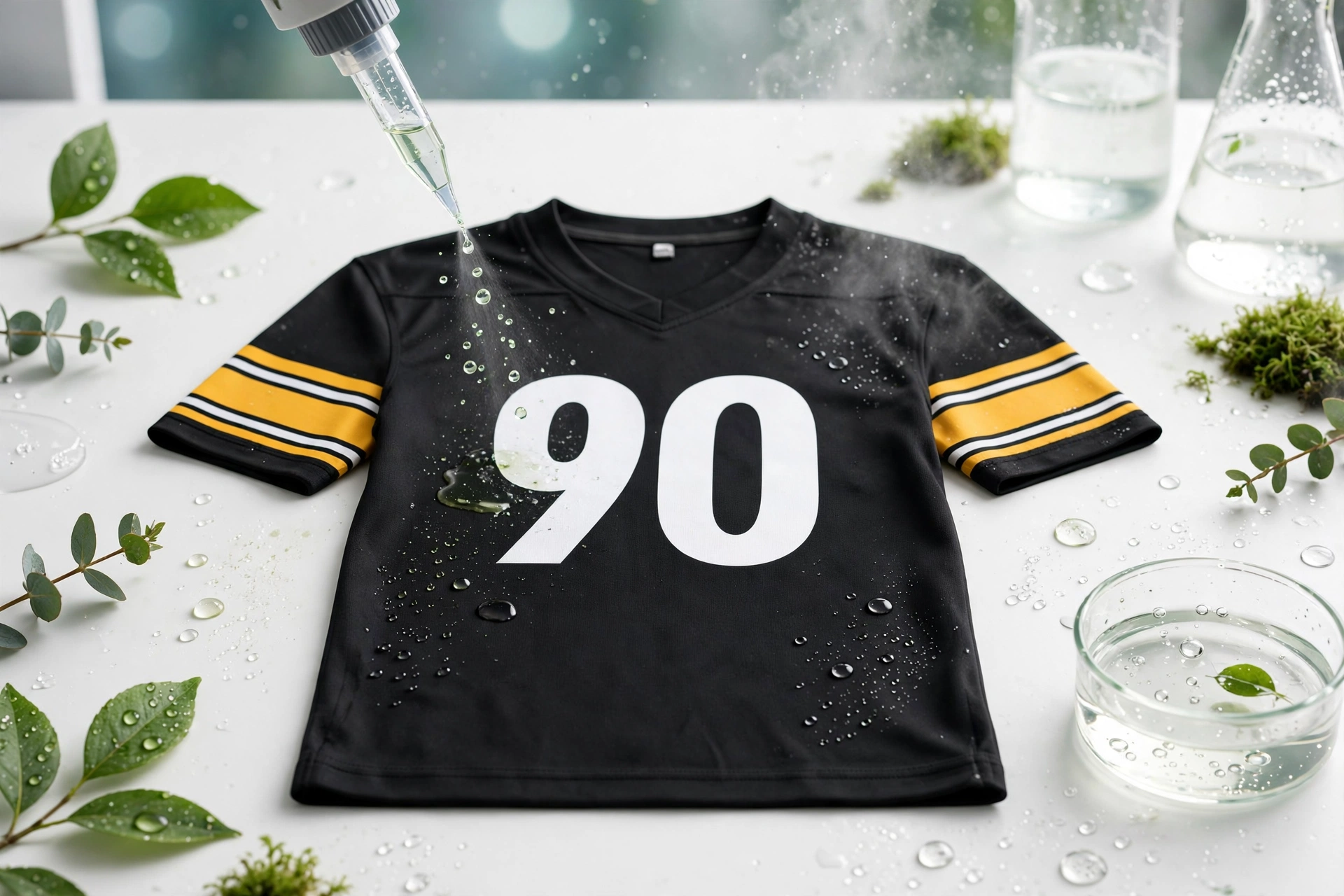 Deuka Wears black football jersey number 90 with yellow striped sleeves being treated with certified water-based non-toxic sublimation ink droplets in eco-friendly lab with green leaves and water beakers, safe for athletes and environment