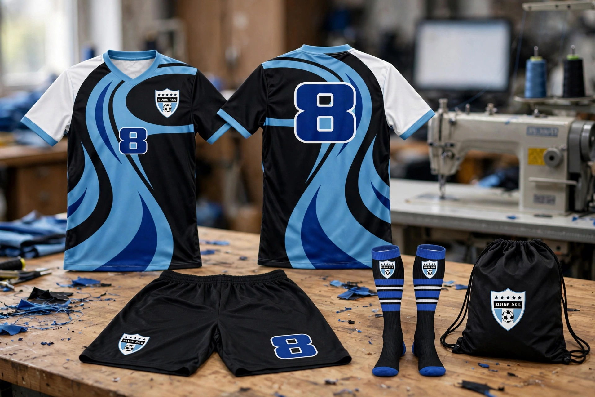 Black-blue wave 8 kit on factory wood table, no text overlays