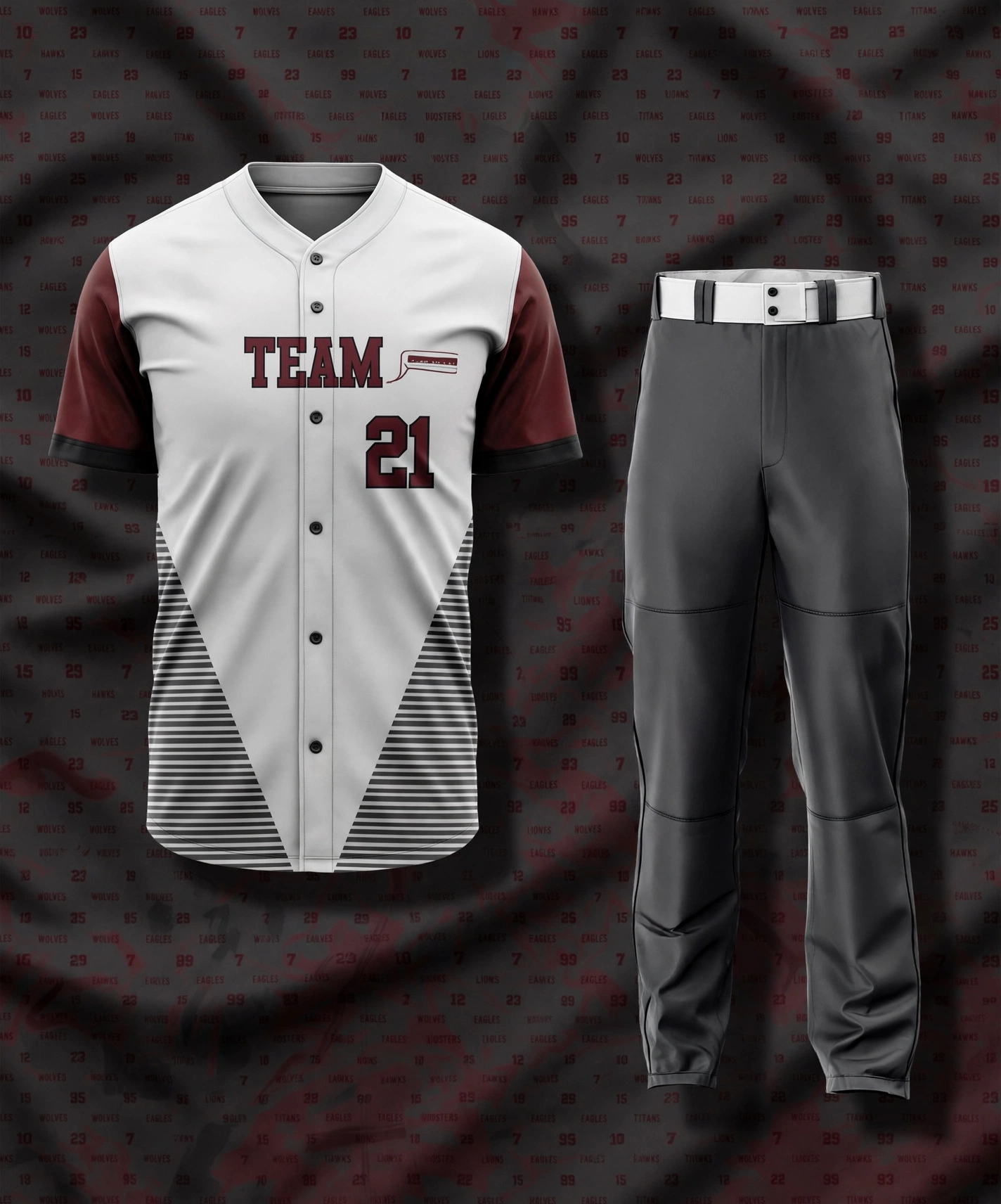 Sublimated Graphics - white baseball jersey with maroon sleeves and TEAM 21 in maroon tackle lettering with number 21, featuring seamless all-over sublimated prints with black and white striped triangular graphics at hem fused directly into polyester fibers, paired with charcoal gray baseball pants with white belt and black belt loops, premium UV-resistant vibrant graphics ideal for team names and player numbers that will never crack peel or fade, displayed on dark background with repeating team names and numbers pattern