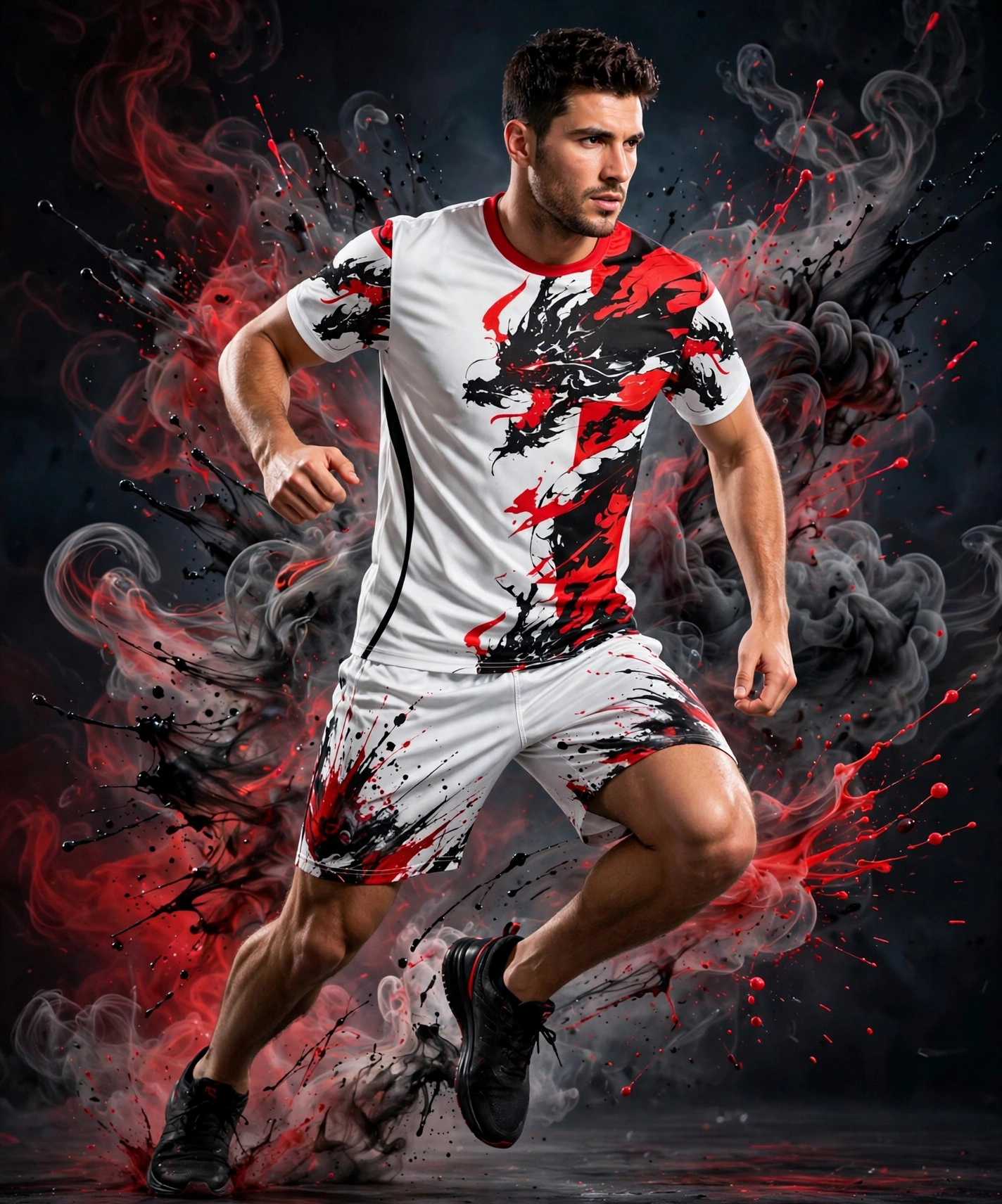 Athlete sprinting in white red-black dragon kit with splash smoke effects