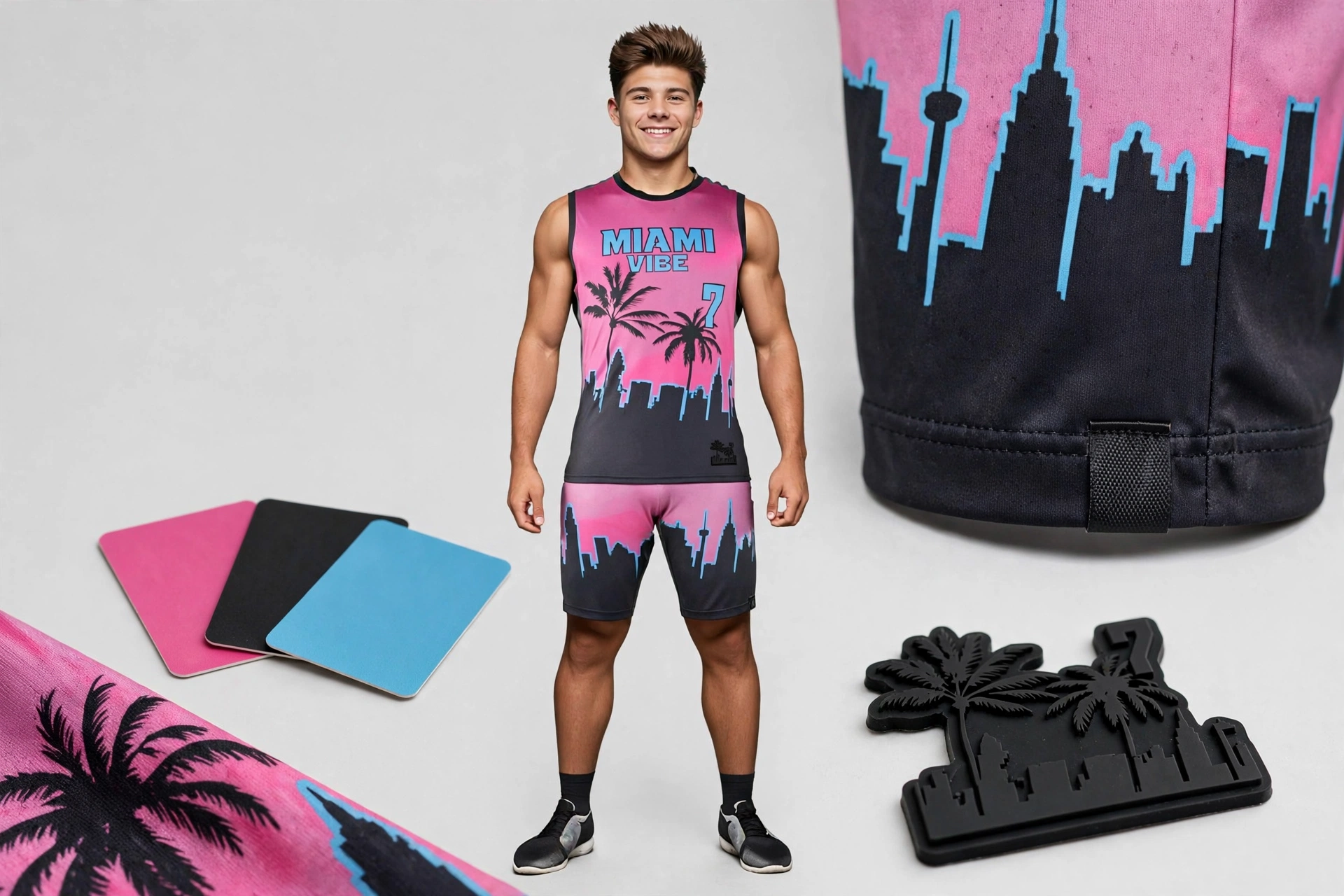 Miami Vibe 7 pink gradient set with Pantone-matched sublimation and 3D transfers
