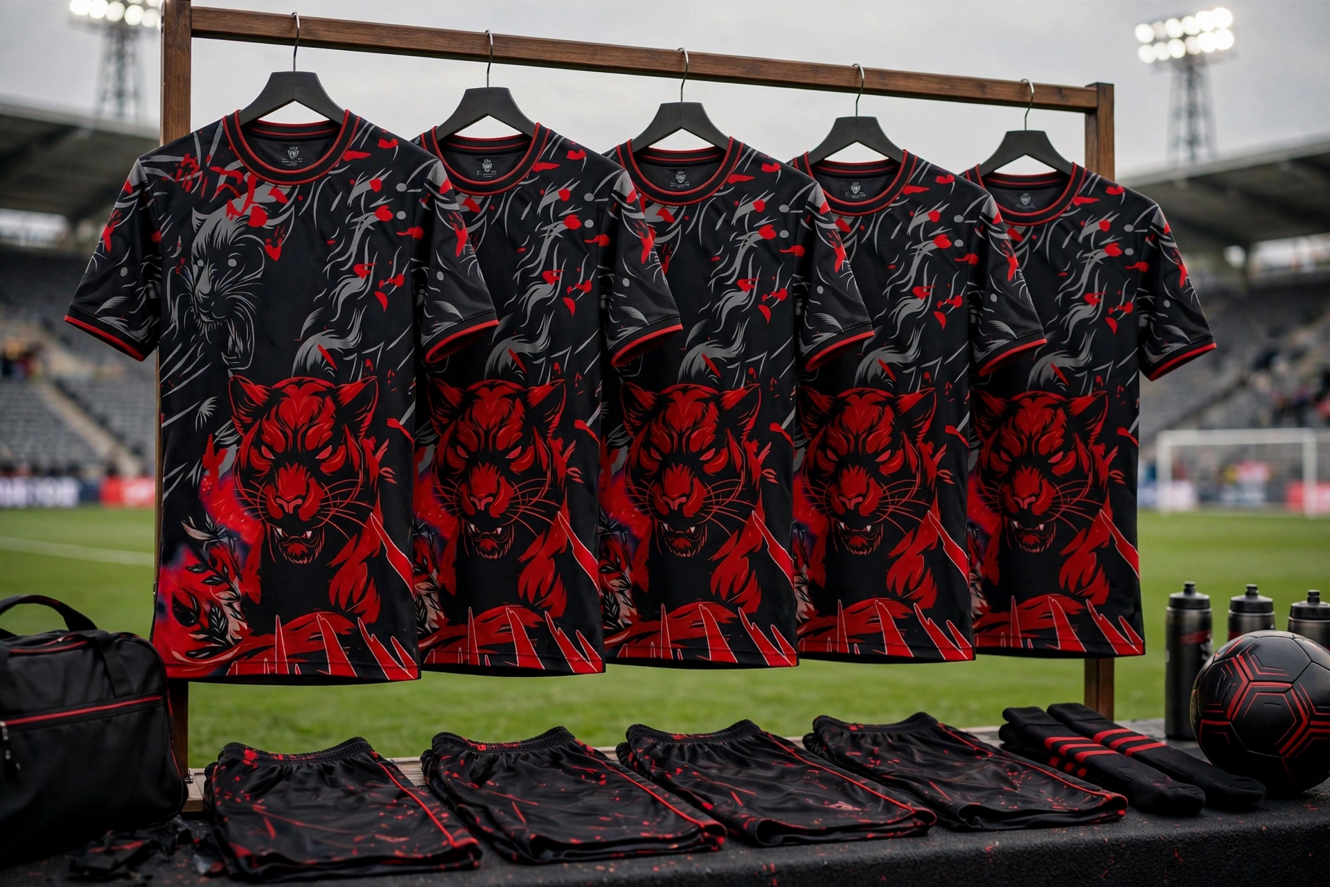 Black red panther team jerseys pitch rack