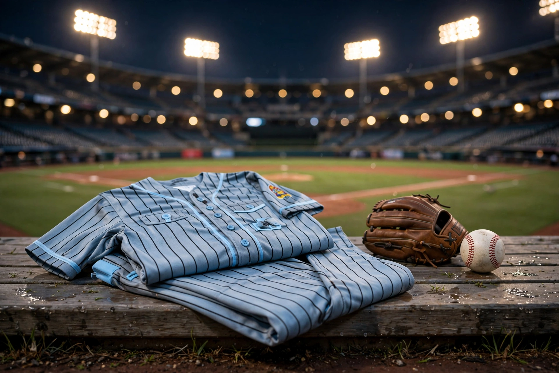 Light blue pinstripe baseball uniform on dugout bench at night stadium