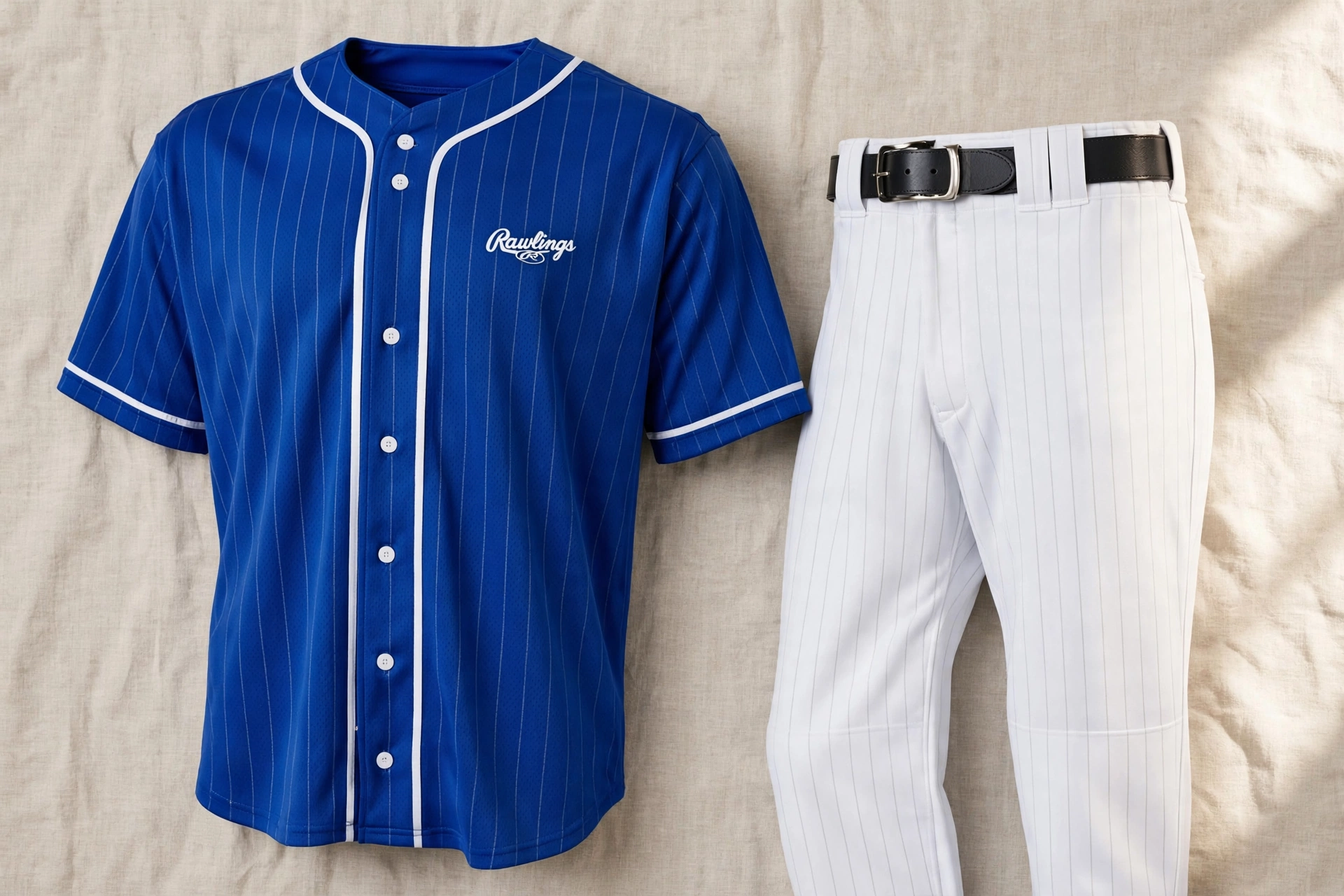Royal blue button-up baseball jersey with sharp white piping along placket and neckline and Diamond script logo on left chest, paired with classic white baseball pants with white piping and black leather belt, displayed hanging on wooden hanger against layered backdrop of stadium brick wall texture, subtle tone-on-tone twill weave and abstract diamond-pattern pinstripe textures, showcasing strategic piping and placket contrast, classic pinstripe integration and subtle sublimated textures for high-end retail finish and timeless athletic pedigree