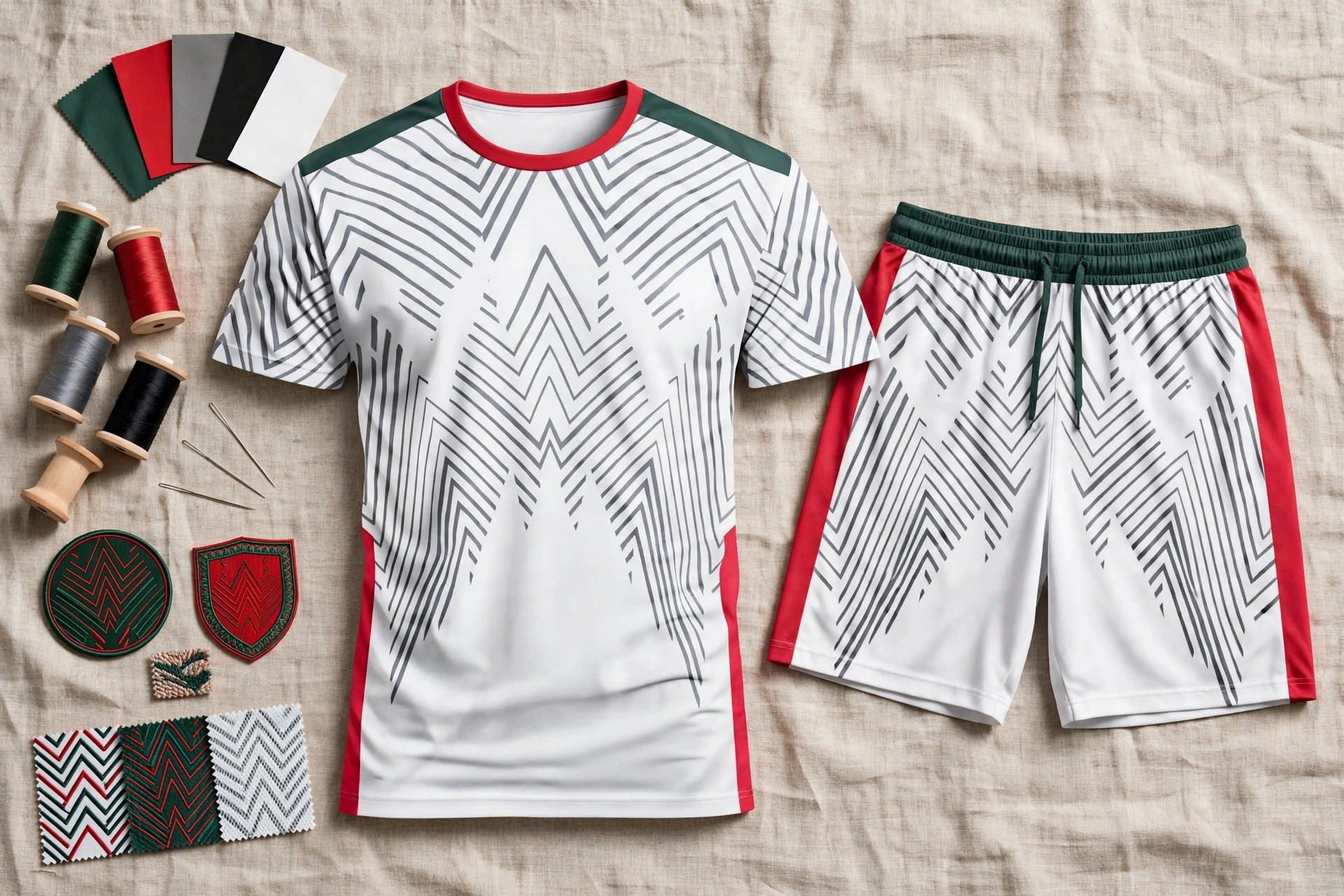 White zigzag chevron jersey with green shoulders red sides and matching shorts with customization swatches.