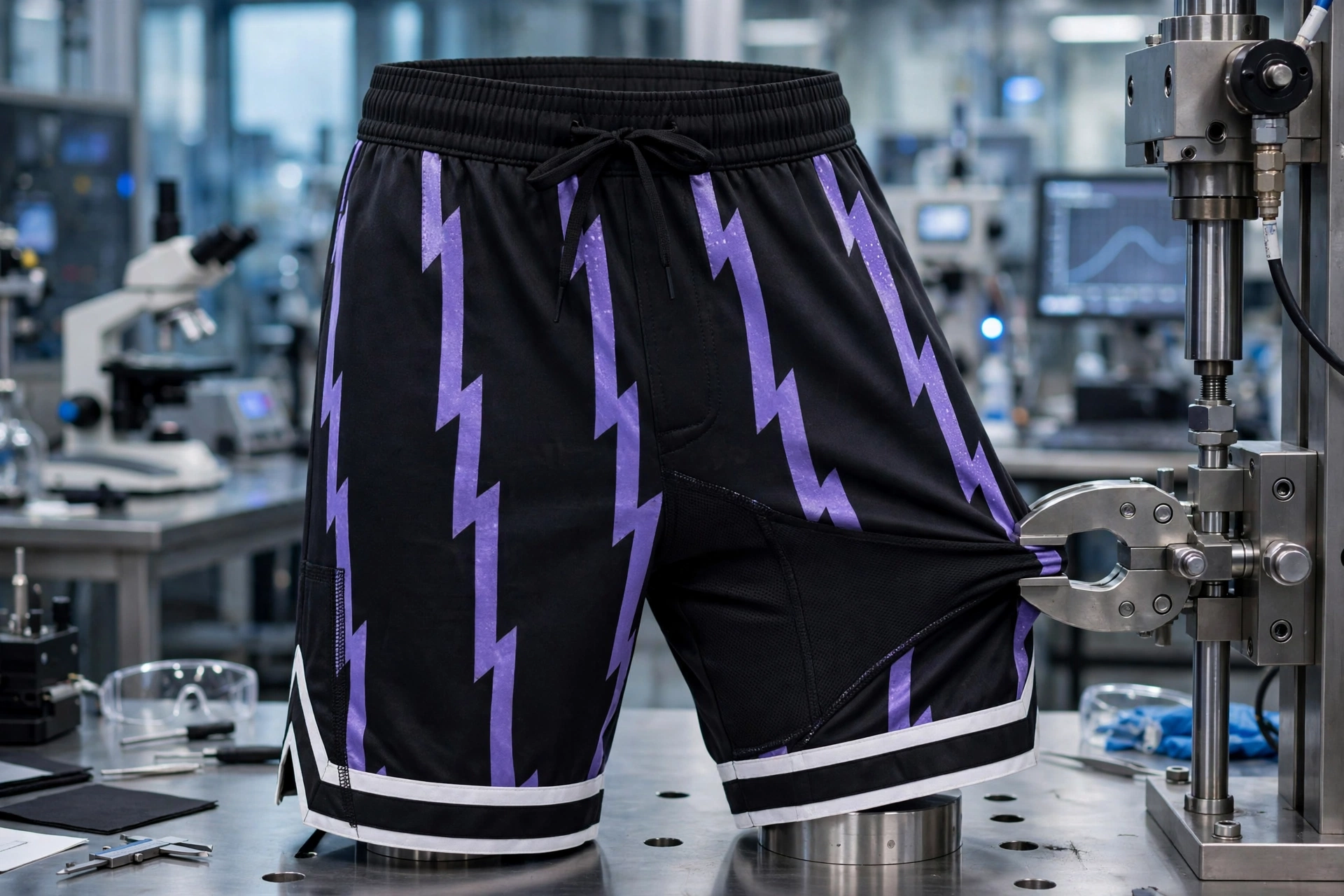 Engineering durability high-performance basketball separates black shorts purple zigzag lightning pattern stress testing tensile machine bar-tacking double-needle anti-abrasion gusset high-tensile spandex Deuka Wears