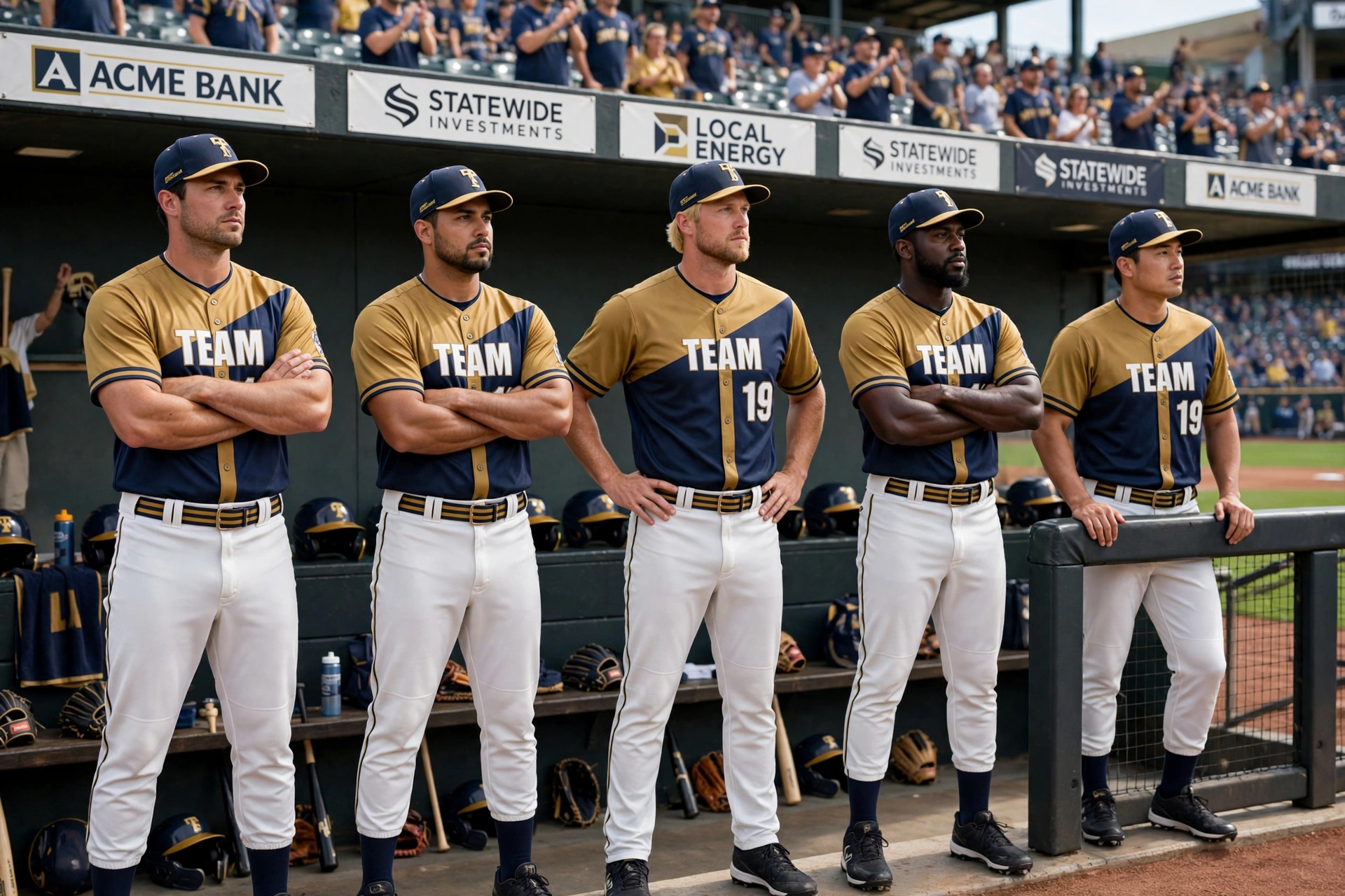 Five professional baseball players wearing navy and gold TEAM 19 jerseys with white pants standing coordinated in dugout sideline showing elevated brand prestige under sponsor banners attracting fan support, realistic