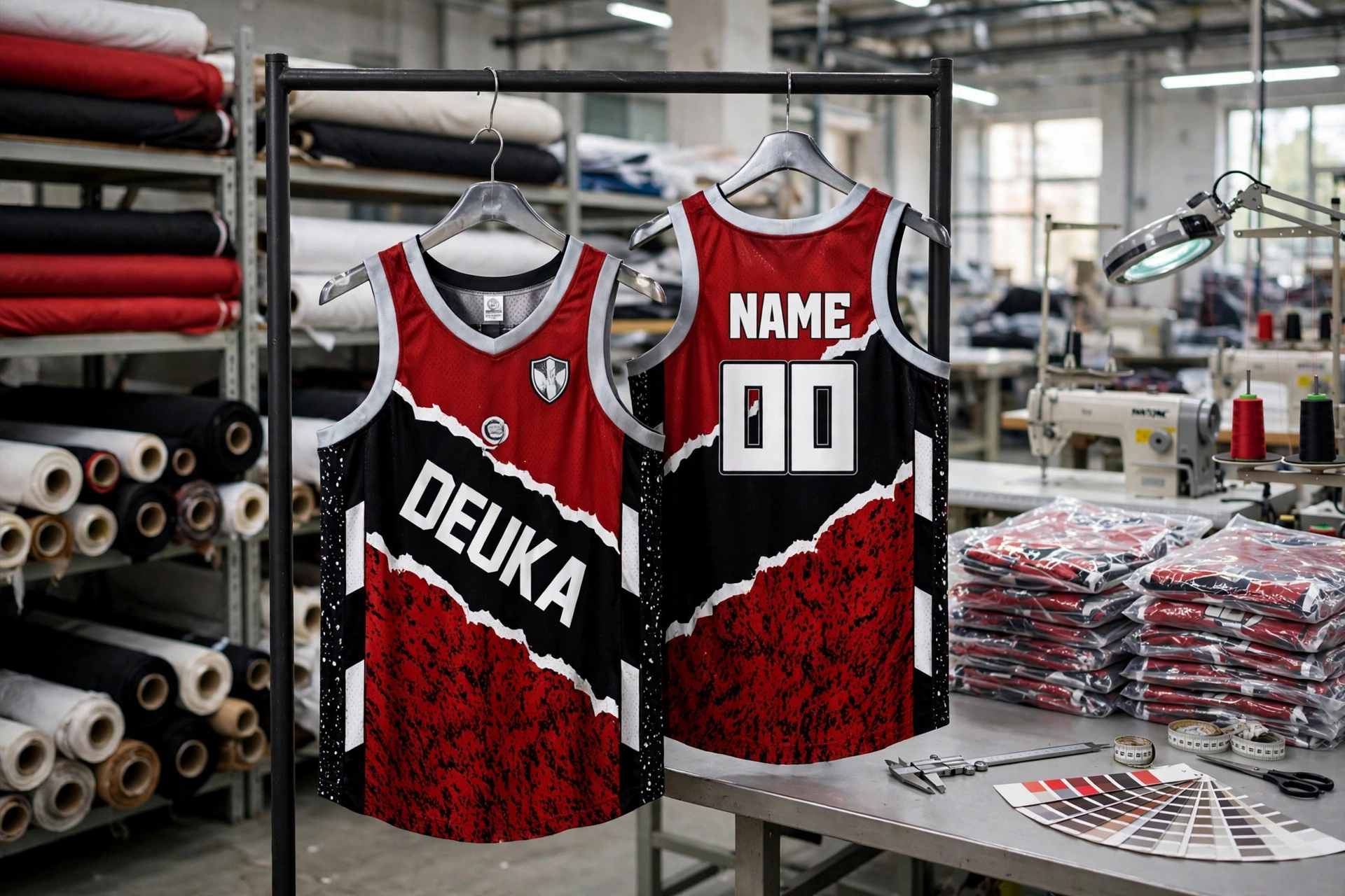 Red and black DEUKA basketball jerseys hanging in OEM direct factory with fabric rolls and quality control tools