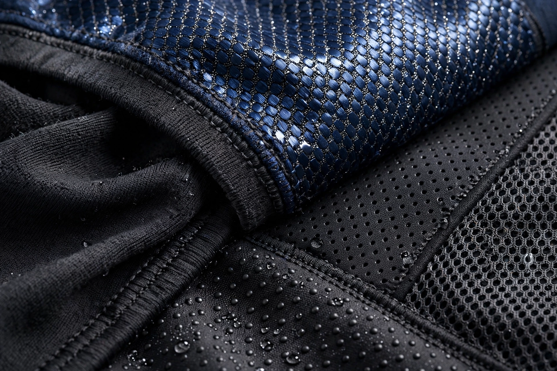 Advanced technical fabrics for American football uniforms showing heavy-duty dazzle polyester shoulder yoke with tear resistance high-tenacity 4-way stretch spandex side panels and pin-dot pro-mesh ventilation zones for collision sport