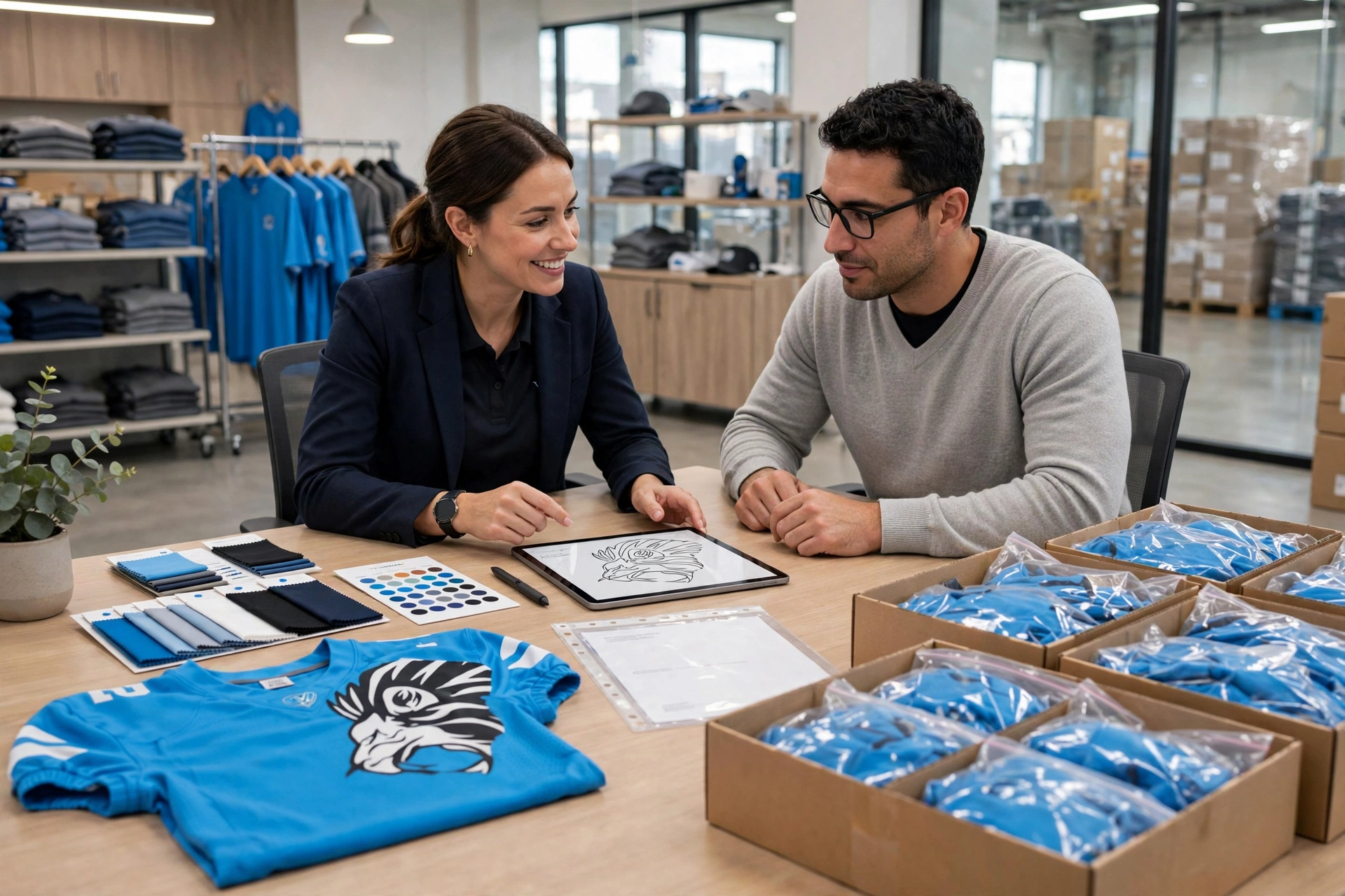 Professional corporate partnership image for custom sportswear manufacturer, account manager guiding retail client, table with bright sky blue American football uniform #22 sample, vector sketch on tablet, fabric swatches, color charts, transparent pricing documents, poly-bagged uniforms in shipping boxes, modern showroom background, ultra-realistic, 8K, business trust atmosphere, NO TEXT