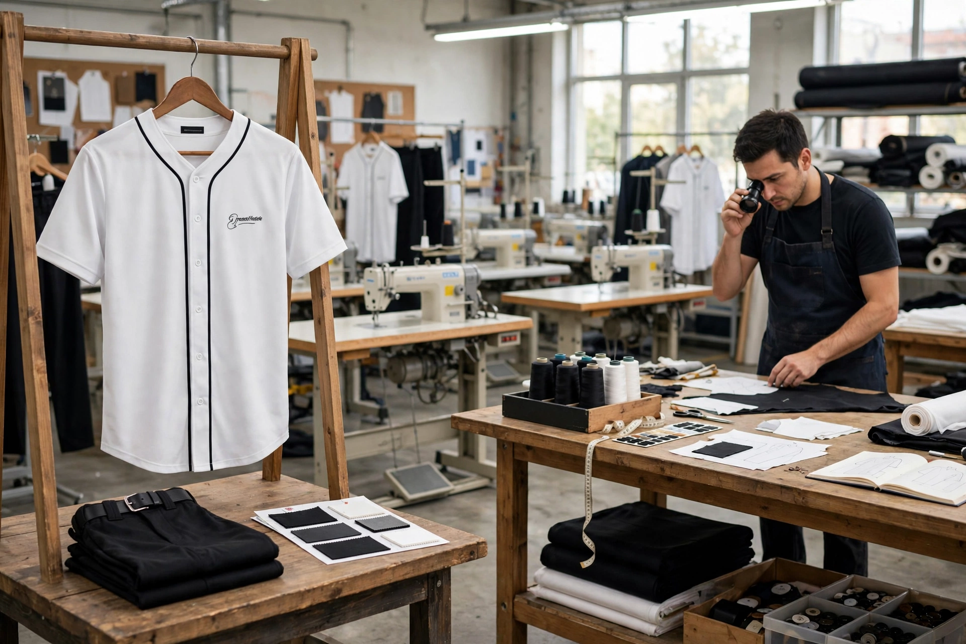 White black baseball uniform in OEM factory workshop quality inspection