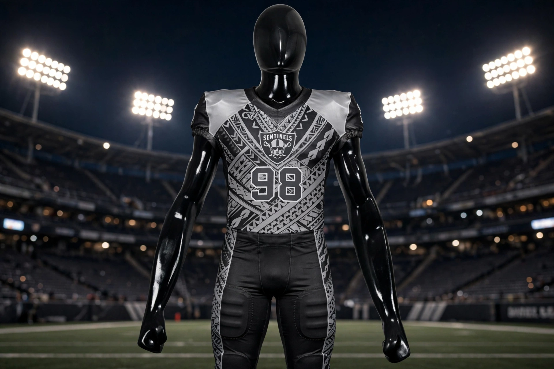 Flawless color consistency in custom American football uniform - black and silver gray Sentinels jersey number 98 and matching padded pants with perfect dye and sublimation match under stadium floodlights