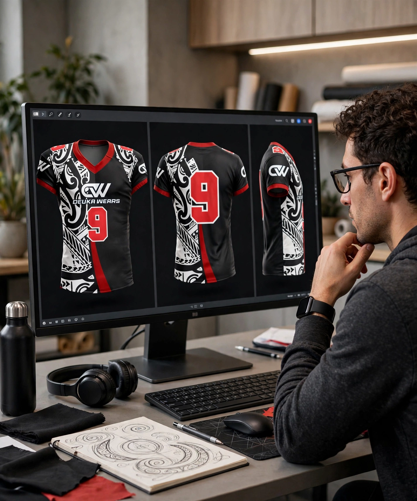 Digital mockup approval process showing detailed 3D renderings of custom black white tribal red number 9 Deuka Wears football uniform on monitor for review before production