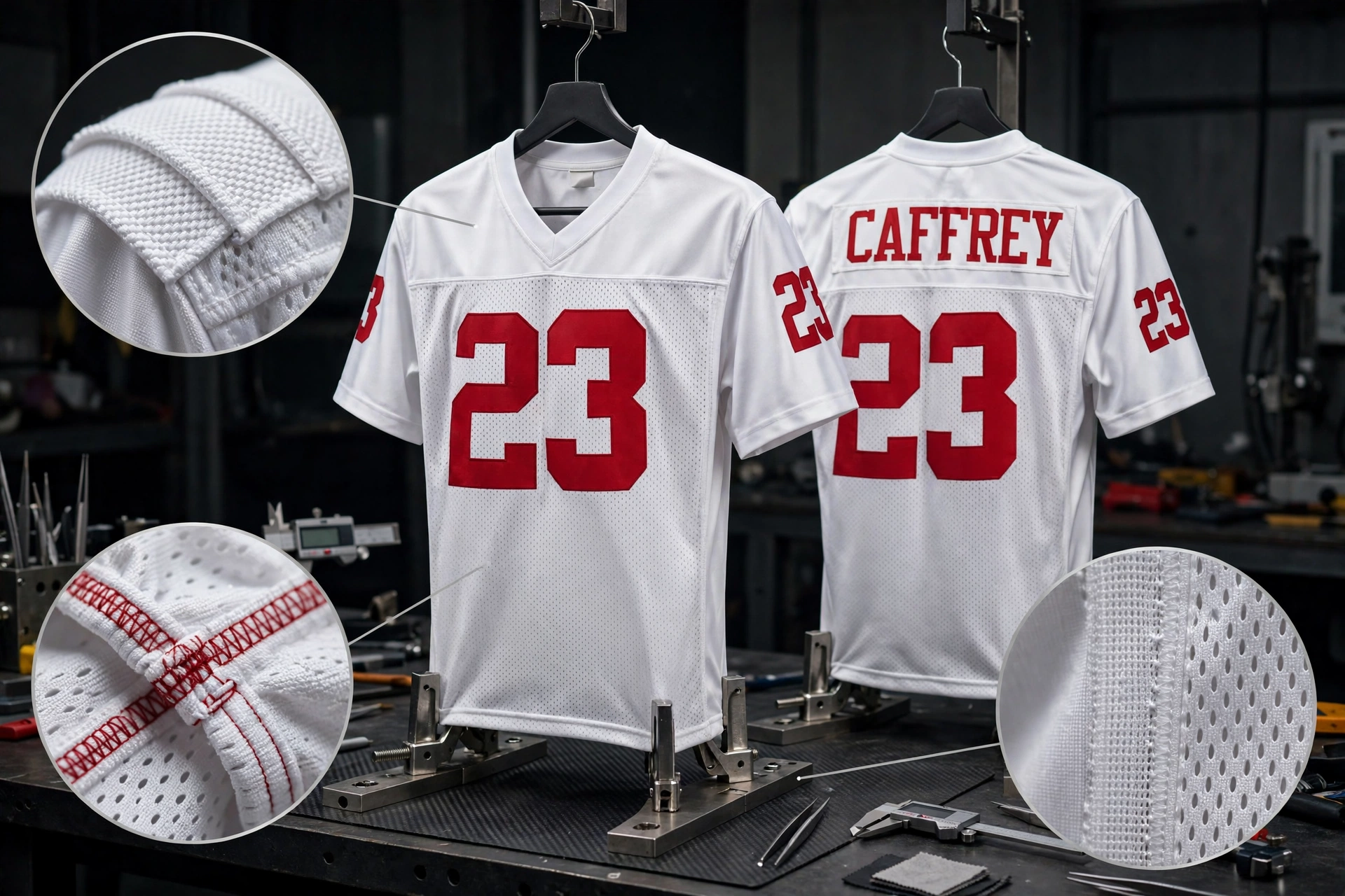 Engineering durability of Deuka Wears white American football jersey number 23 McCaffrey showing double-layer shoulder yoke dazzle cloth construction, industrial bar-tacking on seams, and high-tensile spandex side panels in textile stress testing lab