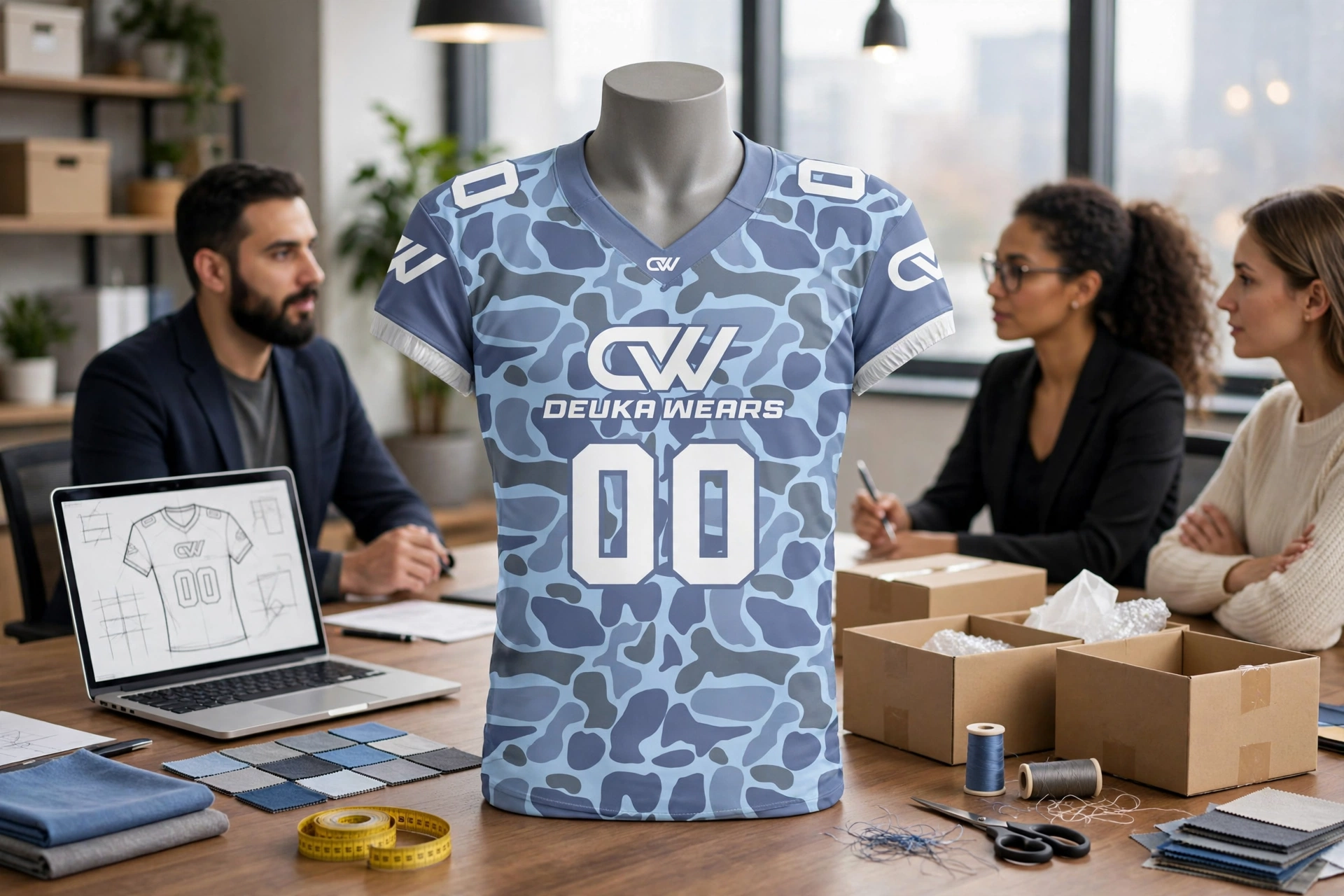 Why retail brands and sports leagues choose Deuka Wears - conference table showing gray blue camo 00 jersey with custom design laptop, sample prototyping swatches, transparent pricing chart and shipped fulfillment boxes