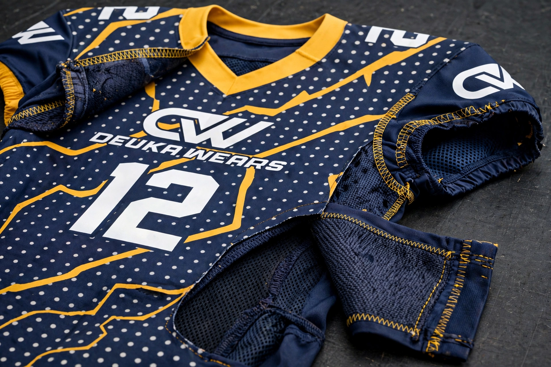 Engineering durability close-up of navy yellow 12 Deuka Wears football jersey showing double-layered shoulder yoke, bar-tacked zigzag stitching at armholes, high-tensile spandex panels for high-contact football apparel science