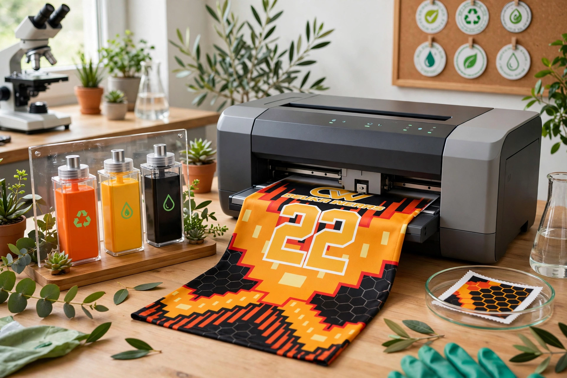 Eco-friendly water-based digital sublimation printing with certified non-toxic inks free of heavy metals and azo dyes printing orange black 22 Deuka Wears jersey on sublimation printer in green lab setting