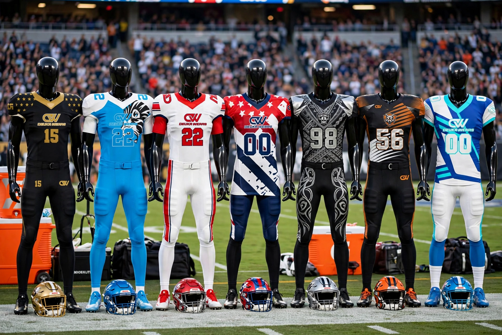 Professional brand image showing coordinated sideline aesthetics with seven Deuka Wears custom American football uniforms lineup on mannequins elevating program prestige attracting player talent fan support and corporate sponsors
