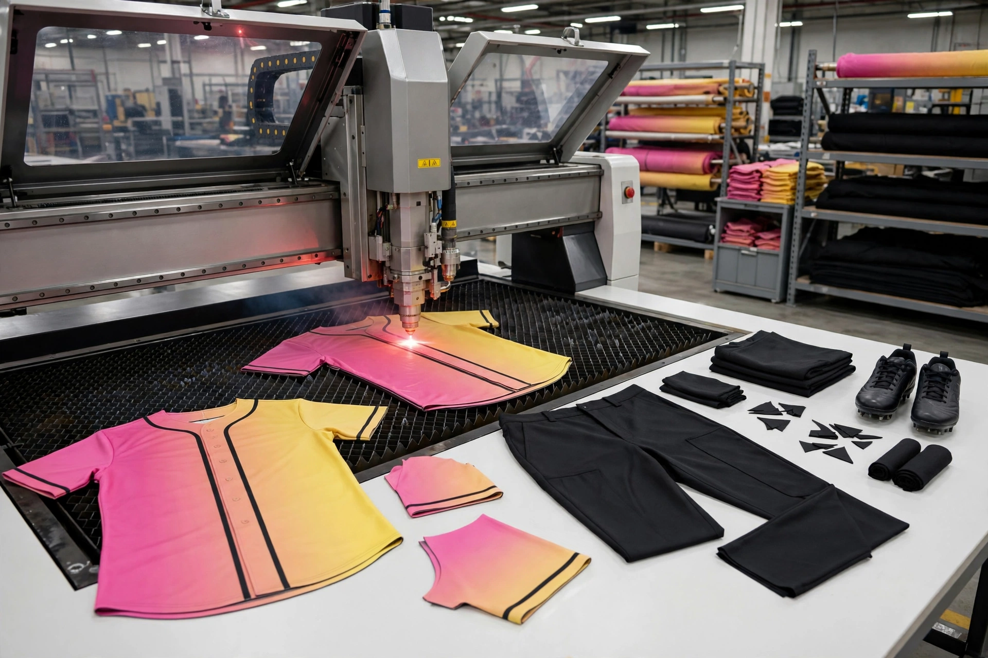 CNC laser cutter precisely cutting pink and yellow gradient baseball jersey fabric with uniform panels, black baseball pants and cleats arranged on cutting table in factory workshop, no text overlay