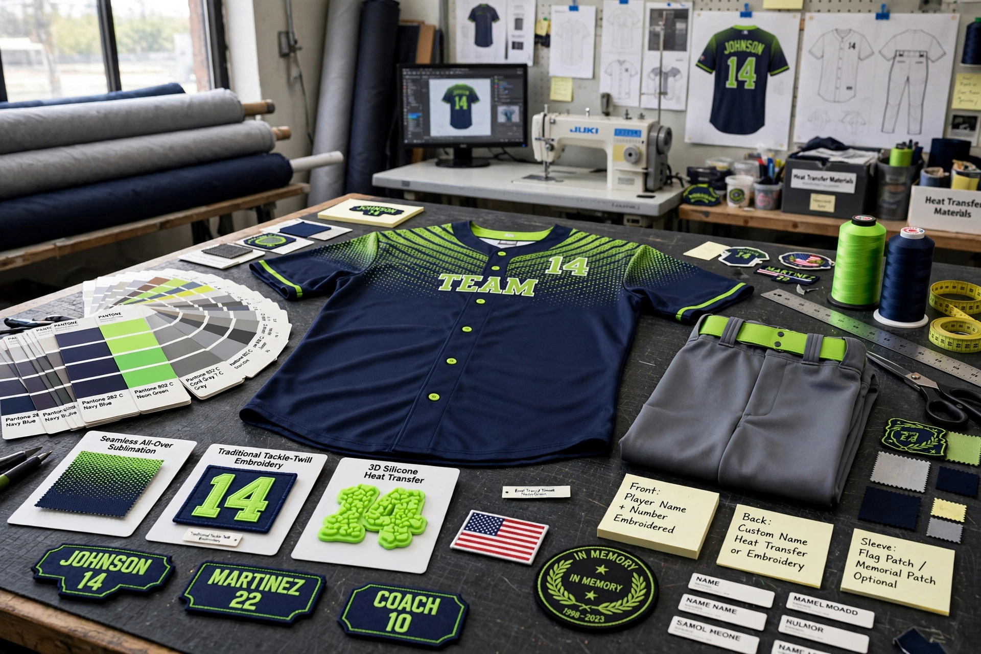 Navy and neon green TEAM 14 baseball jersey customization studio showing Pantone color matching swatches, seamless sublimation, tackle-twill embroidery, 3D silicone heat transfer samples, personalized nameplates JOHNSON 14 MARTINEZ 22 COACH 10, American flag sleeve patch and memorial patch options on design table