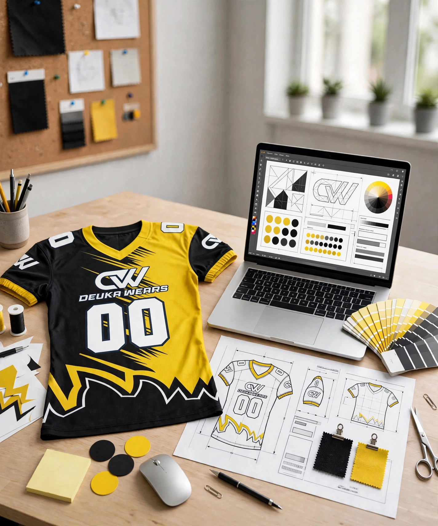 Vertical portrait of football jersey design submission desk with black yellow jersey and Pantone swatches